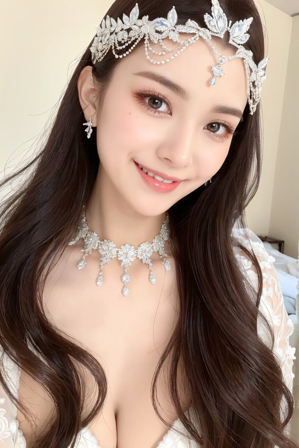 (Highest quality、Tabletop、8K、Best image quality、Award-winning works)、One beautiful bride、(alone:1.1)、(The most extravagant and gorgeous huge wedding dresses:1.1)、(Perfect Wedding Lace:1.2)、(The most extravagant and luxurious giant tiara:1.1)、(The most extravagant and luxurious giant necklace:1.1)、The most beautiful smile is looking at me、A wide selection of the finest jewellery、(Bridal upper body photo:1.1)、Perfect Makeup、Long eyelashes、Ultra HD Shining Eyes、Ultra HD Hair、Ultra-high resolution glossy lips、Ultra High Resolution Perfect Teeth、Super high resolution beautiful face、(Accurate anatomy:1.1)、(Very bright and beautiful skin:1.2)、(very bright and vivid:1.2)、(Blurred fresh natural background:1.1)