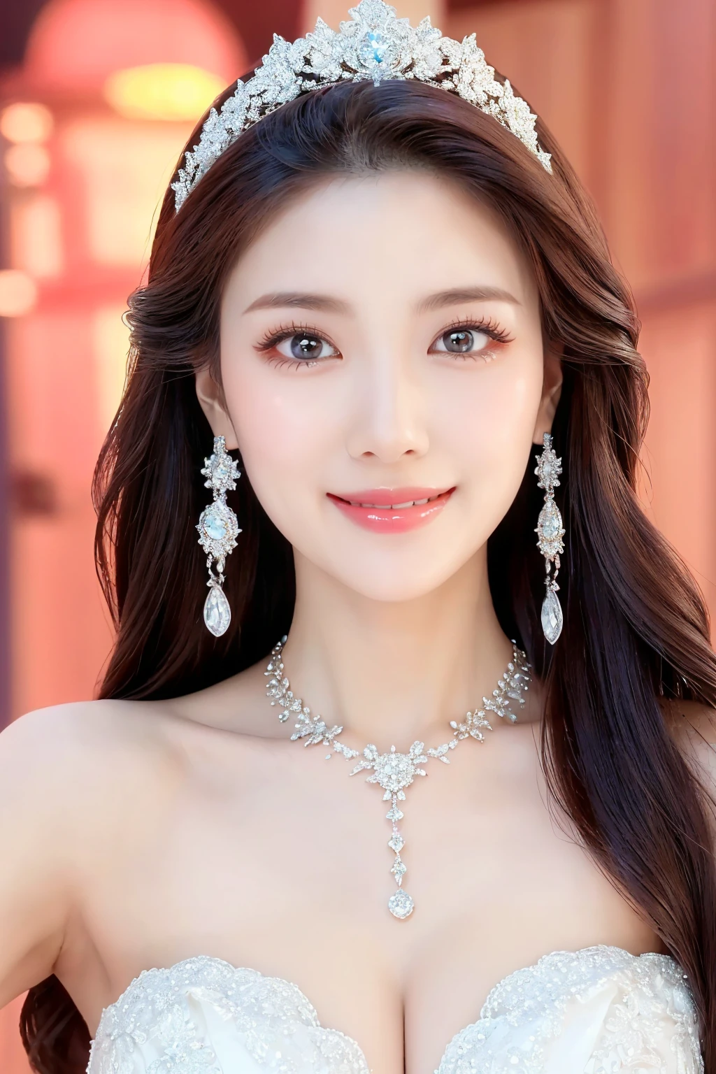 (Highest quality、Tabletop、8K、Best image quality、Award-winning works)、One beautiful bride、(alone:1.1)、(The most extravagant and gorgeous huge wedding dresses:1.1)、(Perfect Wedding Lace:1.2)、(The most extravagant and luxurious giant tiara:1.1)、(The most extravagant and luxurious giant necklace:1.1)、The most beautiful smile is looking at me、A wide selection of the finest jewellery、(Bridal upper body photo:1.1)、Perfect Makeup、Long eyelashes、Ultra HD Shining Eyes、Ultra HD Hair、Ultra-high resolution glossy lips、Ultra High Resolution Perfect Teeth、Super high resolution beautiful face、(Accurate anatomy:1.1)、(Very bright and beautiful skin:1.2)、(very bright and vivid:1.2)、(Blurred fresh natural background:1.1)