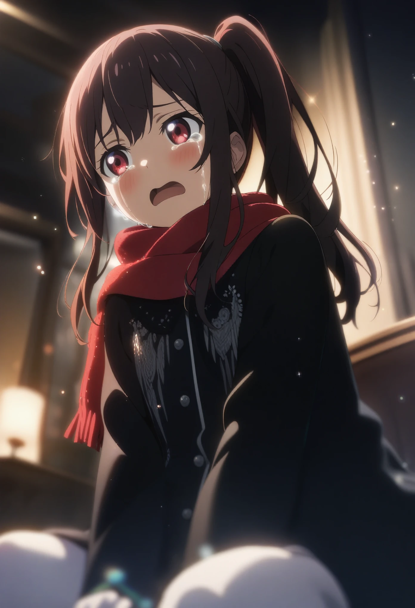 1girl ri-net, official art, sitting, crying, tears streaming, black coat, red scarf, black hair, side_ponytail, red eyes, (very aesthetic, best quality, ultra detailed), intricate details, highres, indoors, light particles, close-up, blurry background,, low angle, cinematic angle, cowboy shot, emotional, delicate features
