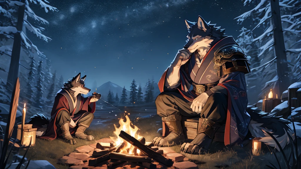 Two, kimono, (Wolf), antro, male, ((black body)), Scales, tail, Muscles, Beautiful, armor, Medieval, fantasy, on open air, outside, Dark, night, the forest, campfire, camp, stars, Sitting, Toe claws, epic, depth of field, perfect lighting, (light particles),(Best quality),(masterpiece),(ultra detailed),sharp focus,light particles