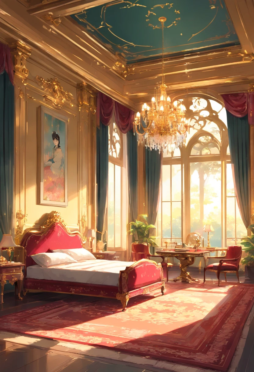 And now I felt a gentle push at the small of my back, and a tug at my hand, as if the room itself was inviting me in. “No--my shoes--” I began, but the push and the tug became firmer and I found myself stepping awkwardly across the threshold, onto the embroidered crimson velvet. The furniture was as grand as the room itself, carved and gilded and polished until it glowed in the sunlight streaming in the windows. There was an enormous bed on a dais, canopied in gold with a sheer white counterpane; the largest dressing-table I could imagine, covered with brushes and combs and cut-glass bottles of perfume and cosmetics; a writing-desk so elegant I could hardly imagine sitting at it; and rich golden velvet sofas and chairs scattered throughout the room, so that I could sit nearly anywhere if the mood suddenly struck me. I took another step into the room, my eyes wandering from the gorgeous walls to the magnificent furniture to the lofty ceiling hung with crystal chandeliers--the room was so large it needed five of them.