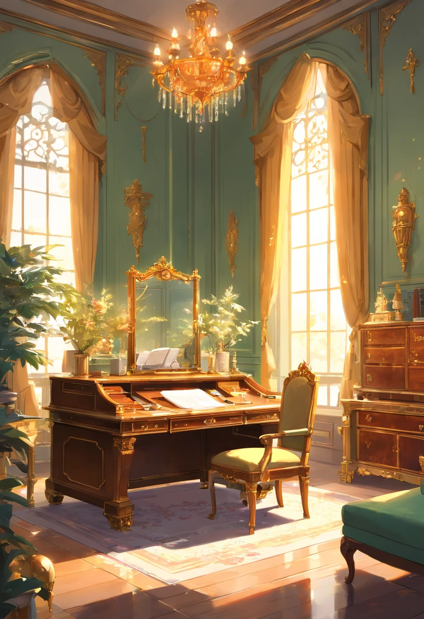 And now I felt a gentle push at the small of my back, and a tug at my hand, as if the room itself was inviting me in. “No--my shoes--” I began, but the push and the tug became firmer and I found myself stepping awkwardly across the threshold, onto the embroidered crimson velvet. The furniture was as grand as the room itself, carved and gilded and polished until it glowed in the sunlight streaming in the windows. There was an enormous bed on a dais, canopied in gold with a sheer white counterpane; the largest dressing-table I could imagine, covered with brushes and combs and cut-glass bottles of perfume and cosmetics; a writing-desk so elegant I could hardly imagine sitting at it; and rich golden velvet sofas and chairs scattered throughout the room, so that I could sit nearly anywhere if the mood suddenly struck me. I took another step into the room, my eyes wandering from the gorgeous walls to the magnificent furniture to the lofty ceiling hung with crystal chandeliers--the room was so large it needed five of them.