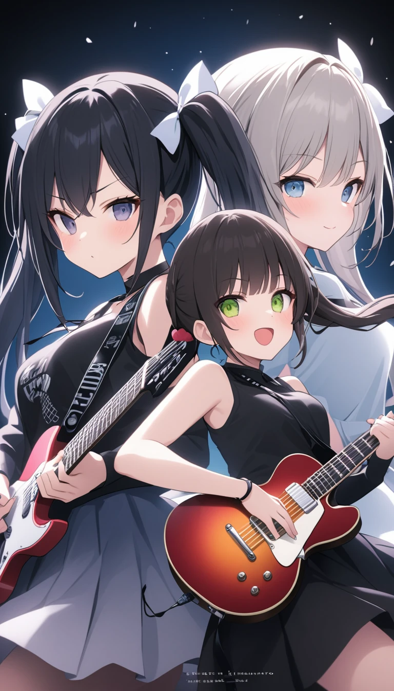 Girl rock band duo、Two Girls、Electric guitar、base、Black hair twin tails、レボリューションイエローの福岡ソフトバンクホークスのbaseボールキャップを被っている。レボリューションイエローの福岡ソフトバンクホークスのbaseボールシャツ、sing、play、rhythm、beat、refreshing、Speed、live house、illumination、