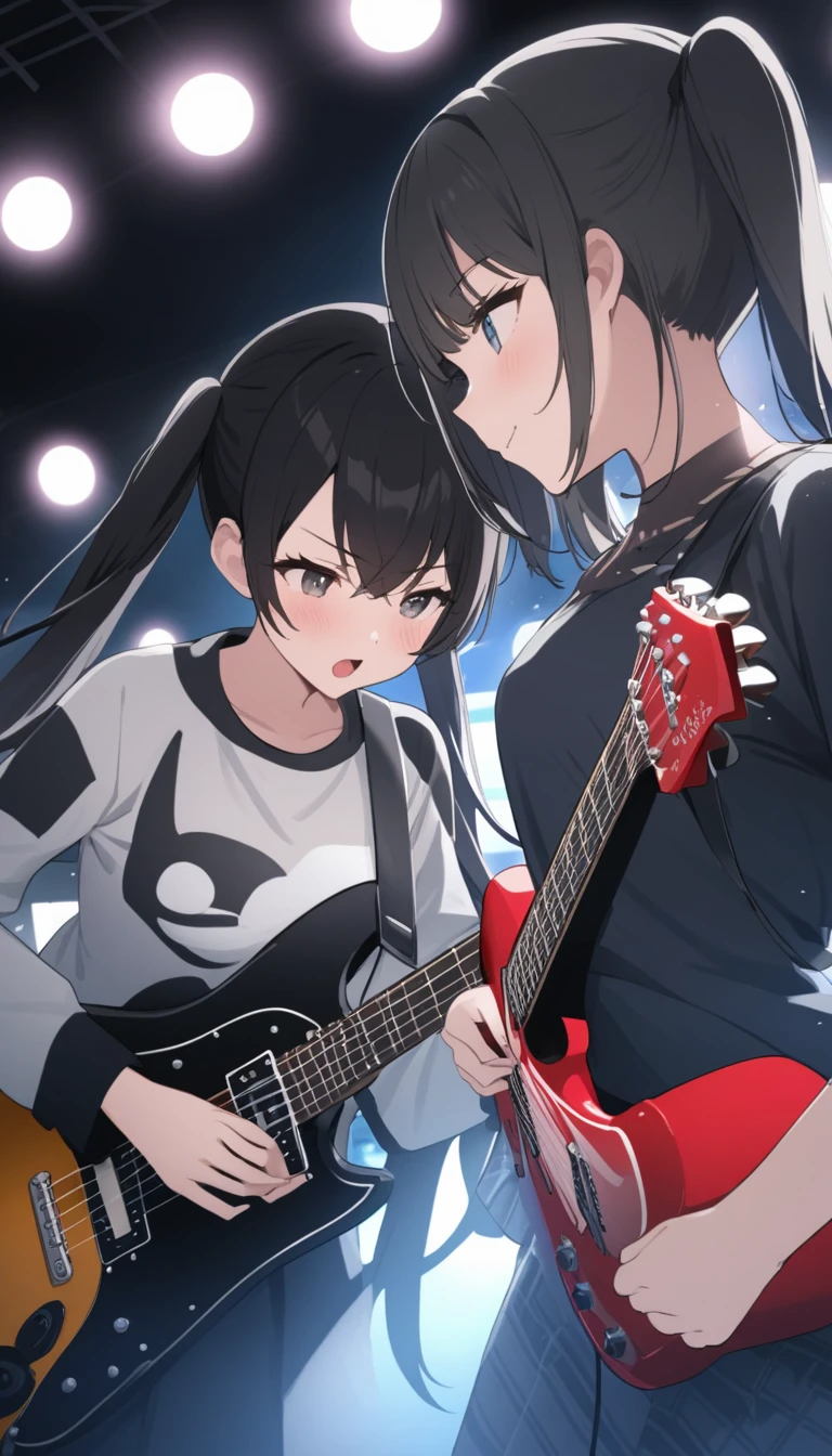 Girl rock band duo、Two Girls、Electric guitar、base、Black hair twin tails、レボリューションイエローの福岡ソフトバンクホークスのbaseボールキャップを被っている。レボリューションイエローの福岡ソフトバンクホークスのbaseボールシャツ、sing、play、rhythm、beat、refreshing、Speed、live house、illumination、