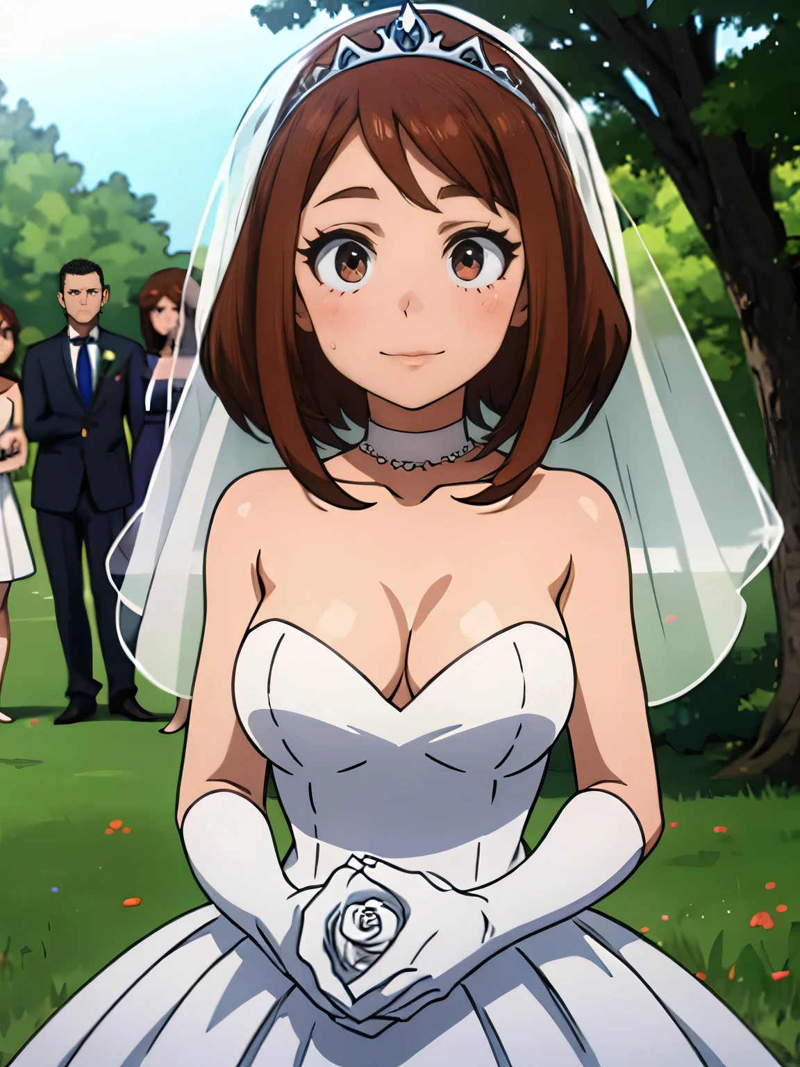 1 girl ,Ochaco_Uraraka, eyes browns ,earrings ,lipstick, shade, make up, hair between the eyes, ahoge, hair ornament, mitts, don, neckleace, bared shoulders, clavicle, white oprea mitts, white mitts, white don, strapless, white choker, tiara, Veil, strapless don, wedding don, bridal Veil, Beautiful woman, perfectbody, perfect shaped breasts, wearing a wedding don, prom dress, in the trees in the park, wedding decorations, gazing at viewer,  ssmile, Reality, work of art, texturized skin, super detaill, High detail, high qualiy, best qualityer, 1080P,