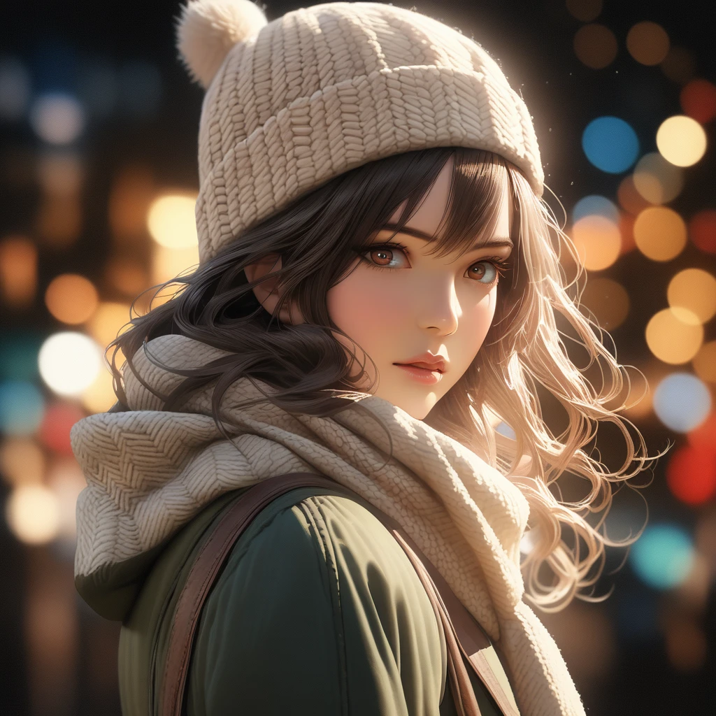 A woman with short, chestnut brown bob hair, wearing a dark green knitted beanie, dressed in a beige turtleneck sweater, thick navy blue parka with a fur-lined hood, dark skinny jeans, brown ankle boots, carrying a beige scarf loosely draped around her neck, beautiful detailed eyes, beautiful detailed lips, extremely detailed eyes and face, long eyelashes, (best quality, 4k, 8k, highres, masterpiece:1.2), ultra-detailed, (realistic, photorealistic, photo-realistic:1.37), HDR, UHD, studio lighting, ultra-fine painting, sharp focus, physically-based rendering, extreme detail description, professional, vivid colors, bokeh, photography
