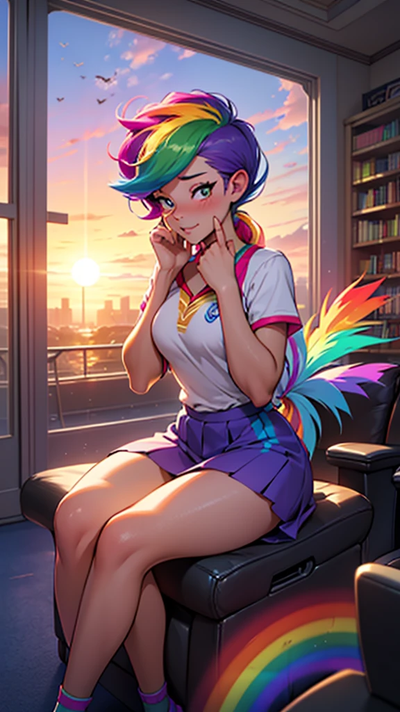 score_9, score_8_up, score_7_up, score_6_up, score_5_up, score_4_up, in library, (Sunset Shimmer from equestria girls), (2girls), (Rainbow Dash from equestria girls), movie accurate equestria girls, sitting at desk, hand covering mouth, blushing, ??????, medium breasts, athletic, zPDXLxxx, beautiful, female, long hair, vector, cute, sitting in crowded movie theater, ((Sunset Shimmer ????????? Rainbow Dash))