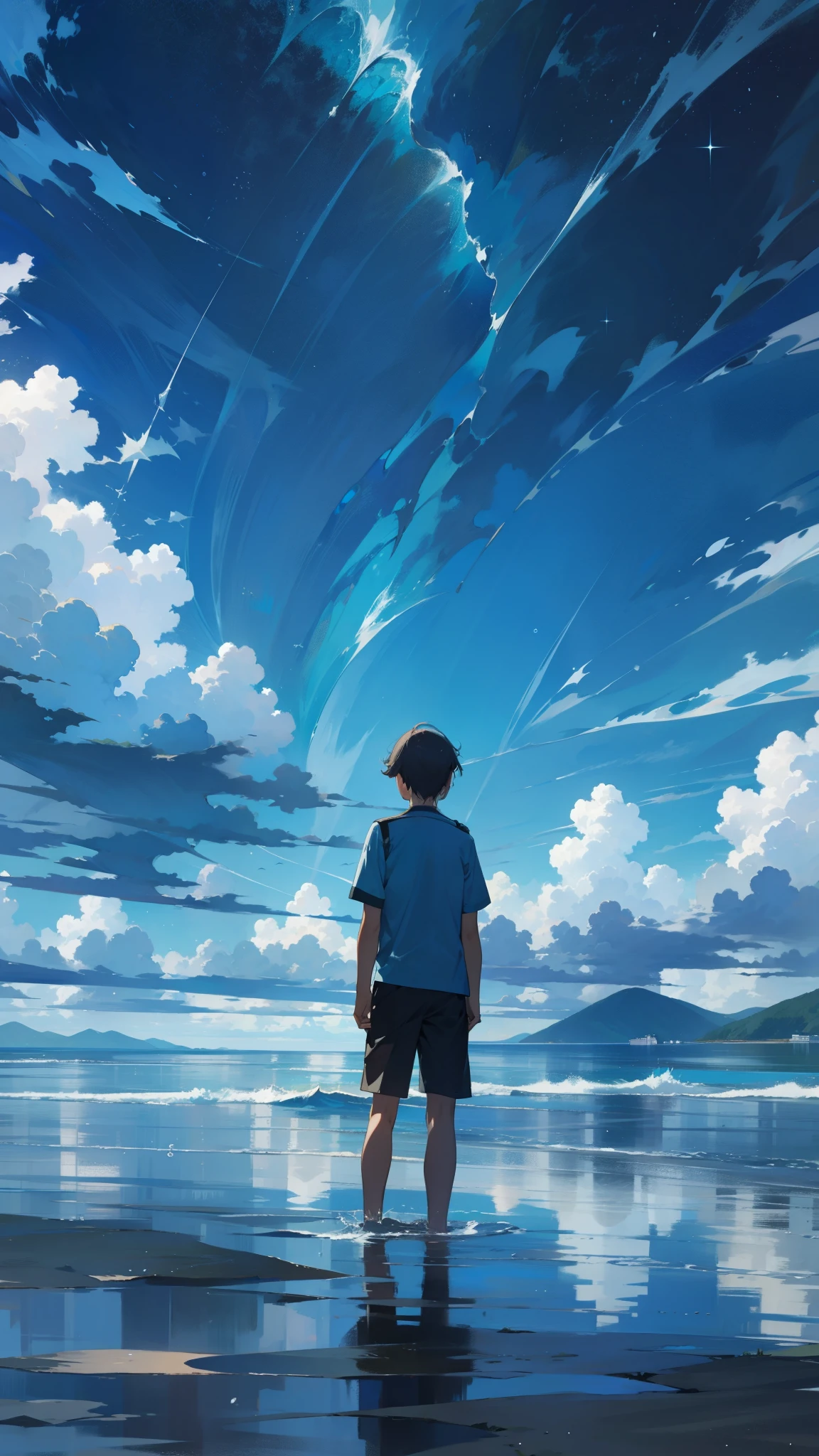 The observer gazes across the tranquil waters, lost in thought. The scene captures both solitude and serenity—an intimate moment where sky, sea, and earth converge