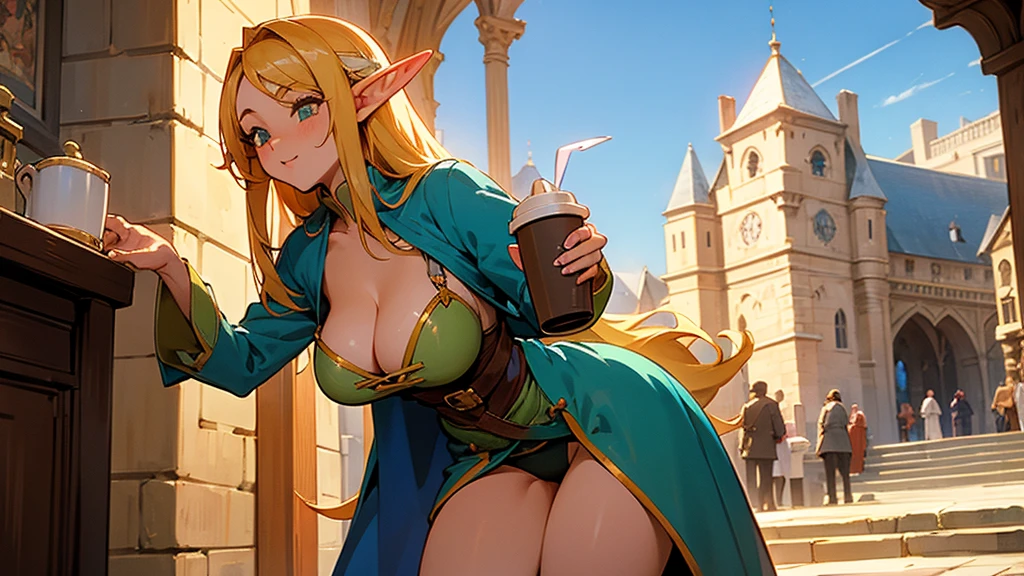 Anime Style,Nostalgic,Detailed background,The medieval world,A lively coffee shop with lots of people,Beautiful sky,Beautiful bard elf girl holding coffee,Big cleavage,Healthy thighs,Protruding buttocks