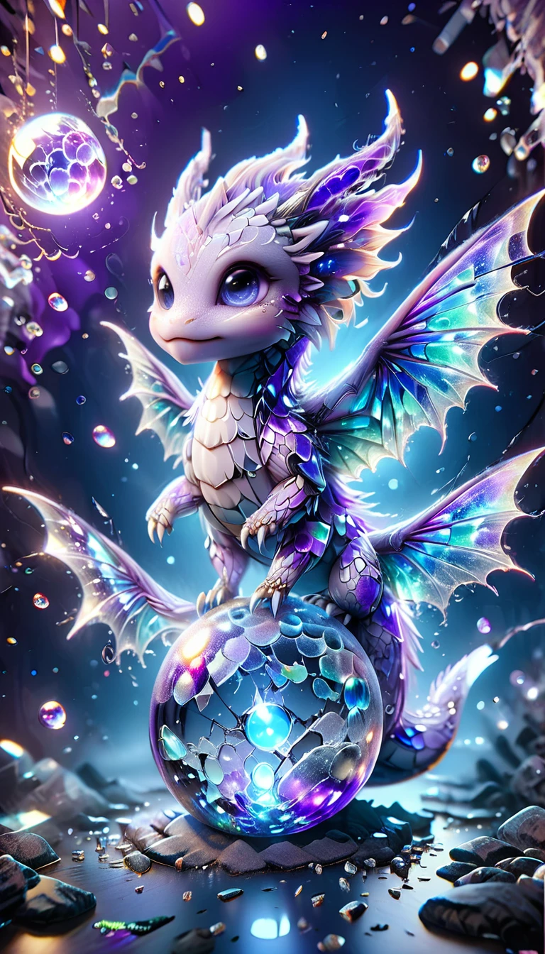 absurdres, highres, ultra detailed, HDR, master piece, best quality, crystal ball, small white dragon, expressive blue eyes, blue horns, wings, fantasy magical background, sparkling, shining, purple lightning, floating round lights, starry, void, broken glass style