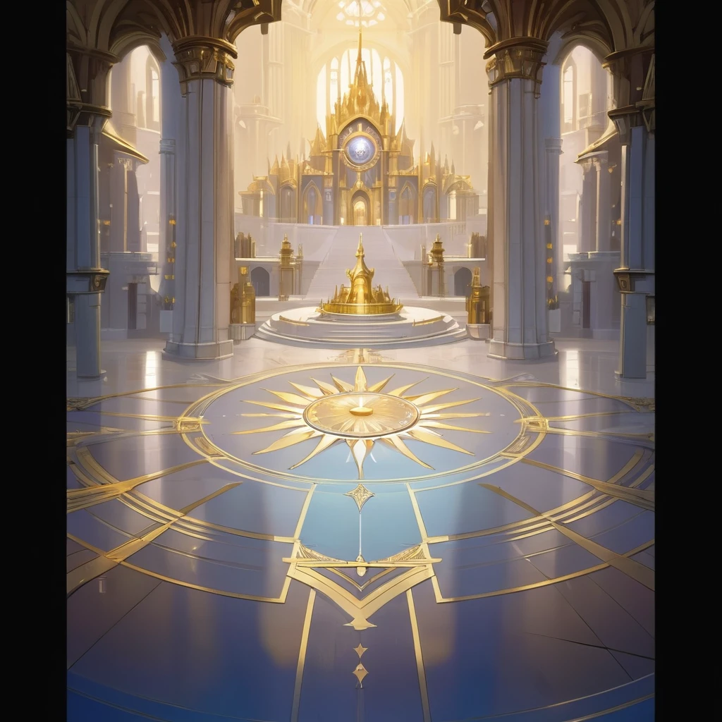 There is a photo of a large building，There is a big clock on it, Cathedral Background, Kingdom of Light Background, Stunning mysterious background, symmetry!! Concept Art, interior background technology, Concept Art magical highlight, The Golden Throne Room, Gorgeous border + Concept Art, symmetric Concept Art, World of Warcraft art style, decadent The Golden Throne Room, cathedral of the sun, background technology