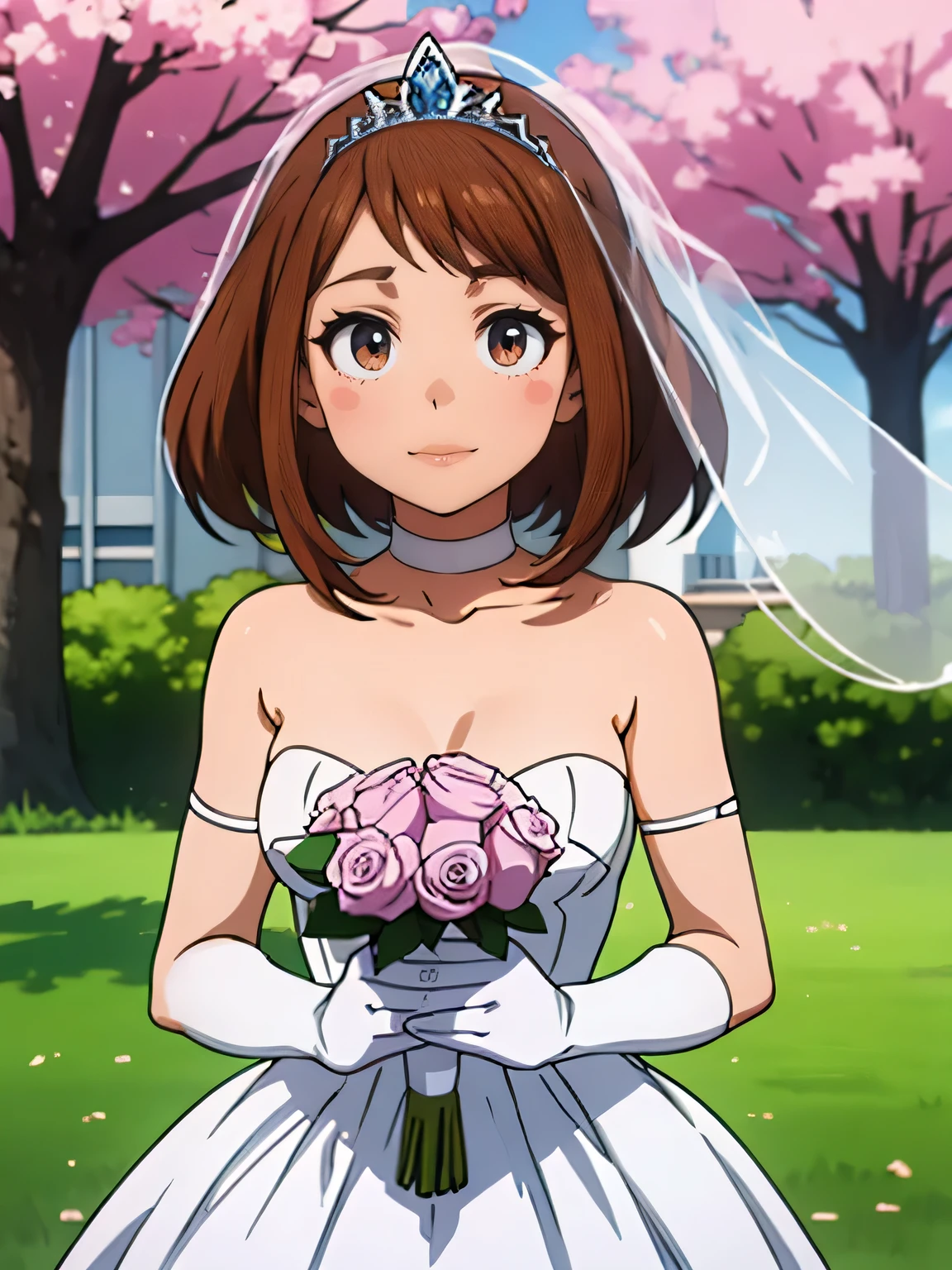 1 girl ,Ochaco_Uraraka, eyes browns ,earrings ,lipstick, shade, make up, hair between the eyes, ahoge, hair ornament, mitts, don, neckleace, bared shoulders, clavicle, white oprea mitts, white mitts, white don, strapless, white choker, tiara, Veil, strapless don, wedding don, bridal Veil, Beautiful woman, perfectbody, perfect shaped breasts, wearing a wedding don, prom dress, in the trees in the park, wedding decorations, gazing at viewer, ssmile, Reality, work of art, texturized skin, super detaill, High detail, high qualiy, best qualityer, 1080P,