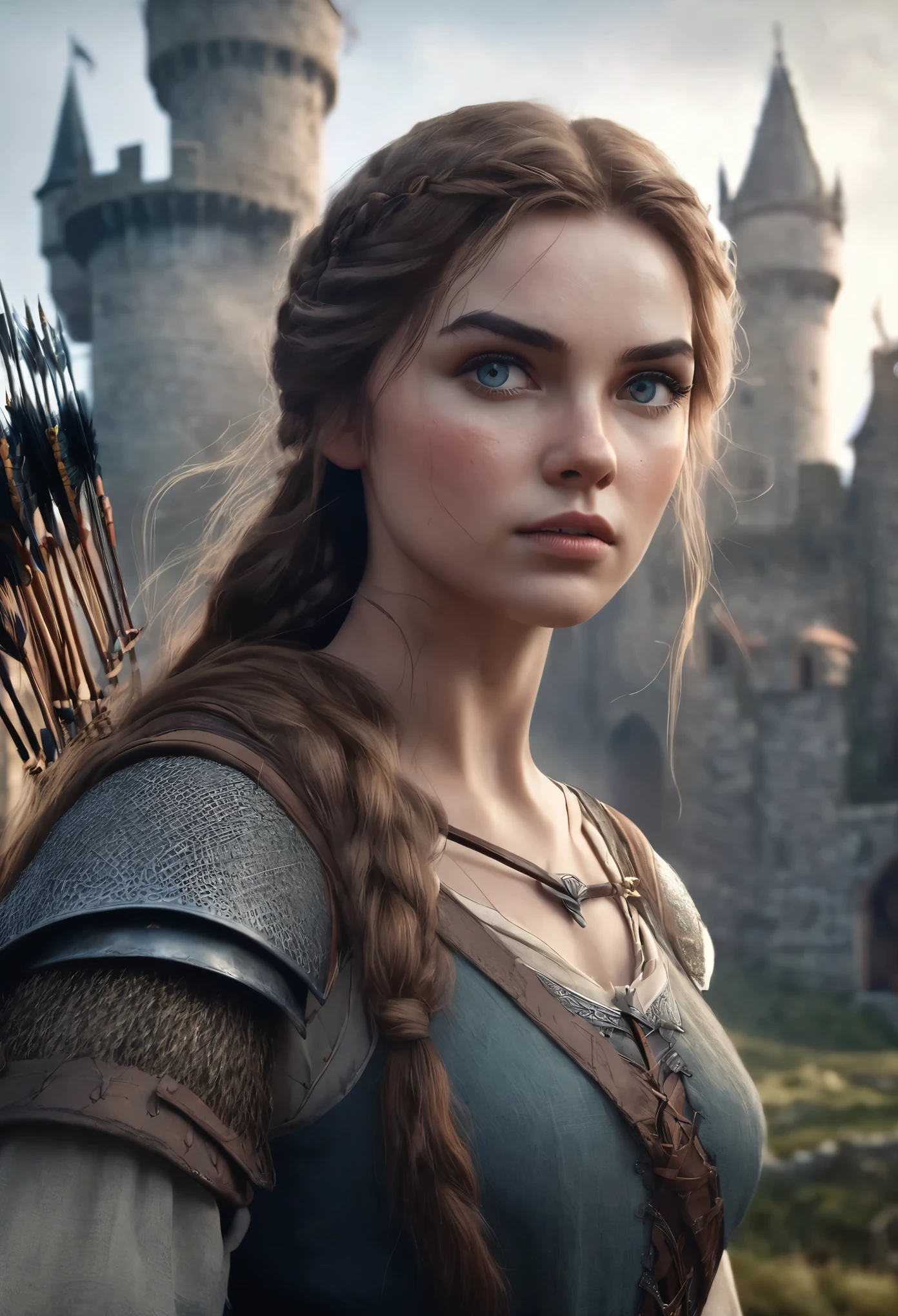 1girl, medieval castle, woman with bow and arrows, detailed facial features, beautiful eyes, detailed skin, detailed hair, adventurous expression, dramatic lighting, cinematic composition, muted color palette, atmospheric fog, (best quality,4k,8k,highres,masterpiece:1.2),ultra-detailed,(realistic,photorealistic,photo-realistic:1.37)