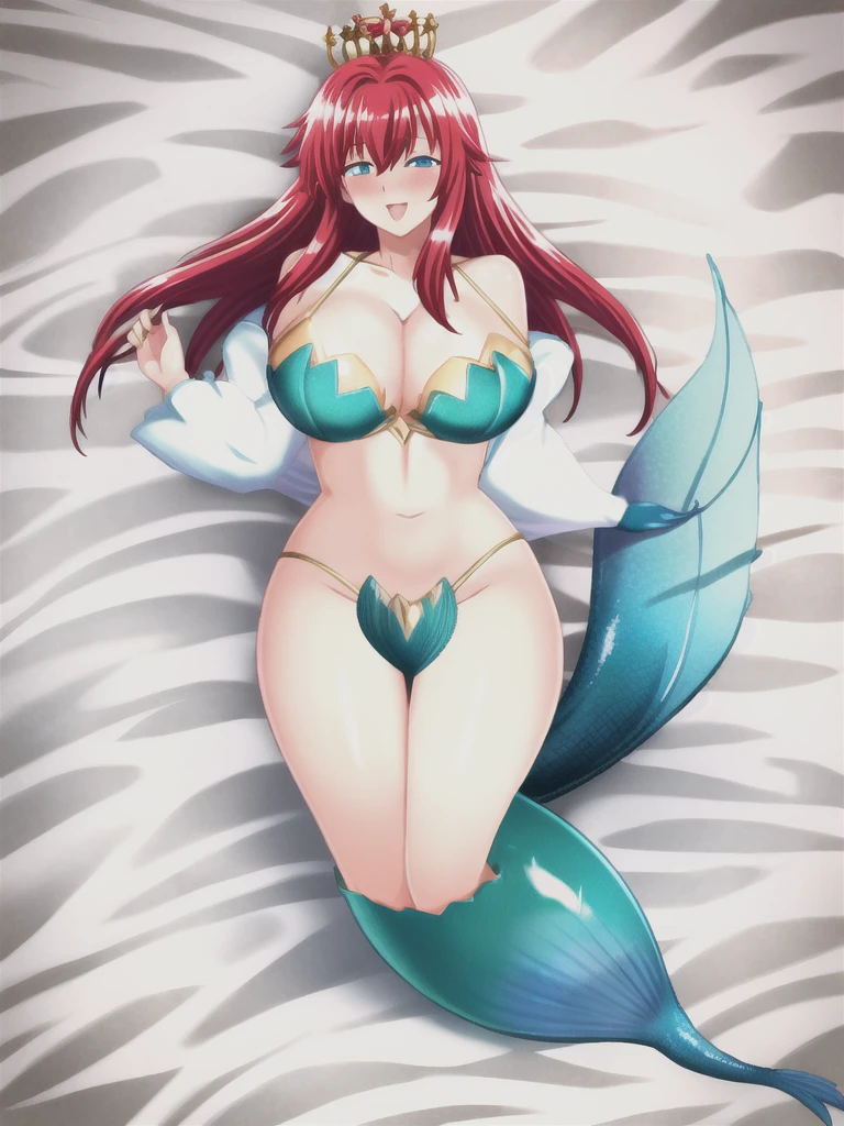 Mermaid, mermaid tail below waistline, underwaters, pearl crown, red hair, long hair, blue eyes, bra, large breasts, cleavage, happy, blush, full body,