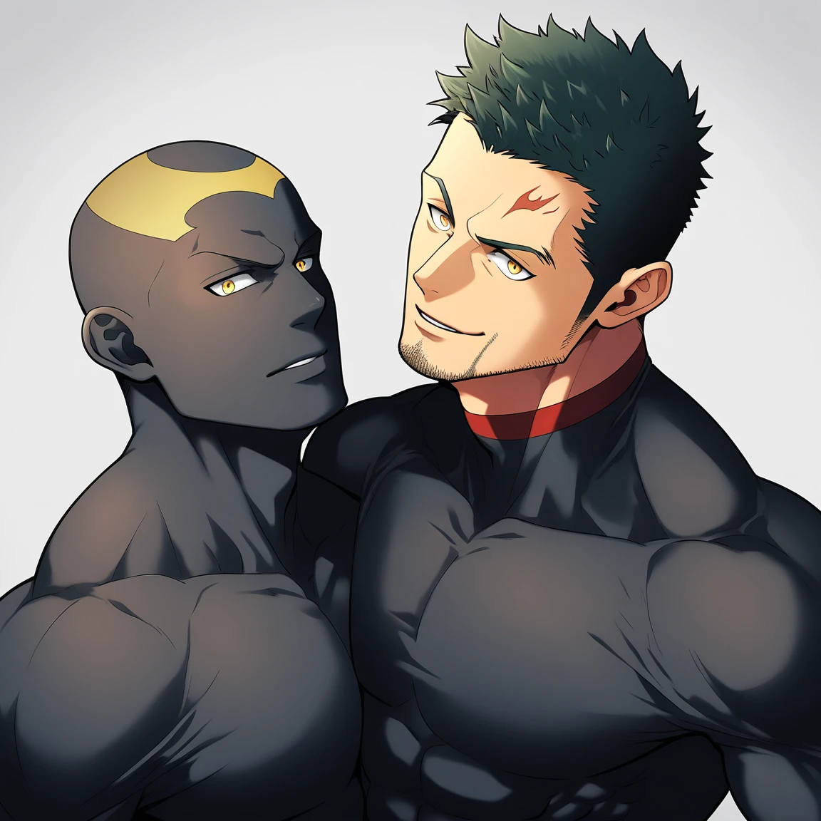 anime characters:Two superheroes in tights, Priapus and Muscle skinhead superhero, negro black skin, They hugged and kissed each other, Bite your neck, Caress, Manliness, male focus, Yellow and black high collar long sleeve tight T-shirt, Slightly transparent material, Very tight, Round, full and perky chest muscles, Muscle waist, Slightly transparent, muscular male, muscular, only, Upper body, alone, Black short hair, Thick eyebrows, stubble, Yellow eyes, Grey background, simple background, amazing quality, best aesthetics, Ridiculous, bright pupils, crew cut, parted lips, seductive smile, torogao, naughty face, drop shadow, best quality