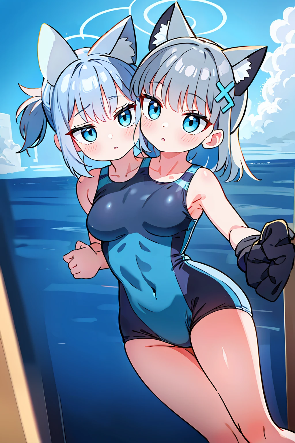 masterpiece,best quality,best resolusion,1 girl,2heads,shiroko character,detailed,conjoined twins,has two wolf ears on top of the head, has a round blue circle of light,short silver hair,blue hair ornament,blue eyes,wearing a tight dark blue women's swimsuit,normal breasts,beach background,beautiful face,beautiful eyes,beautiful body,beautiful hand,beautiful hair, running, jogging, muscular