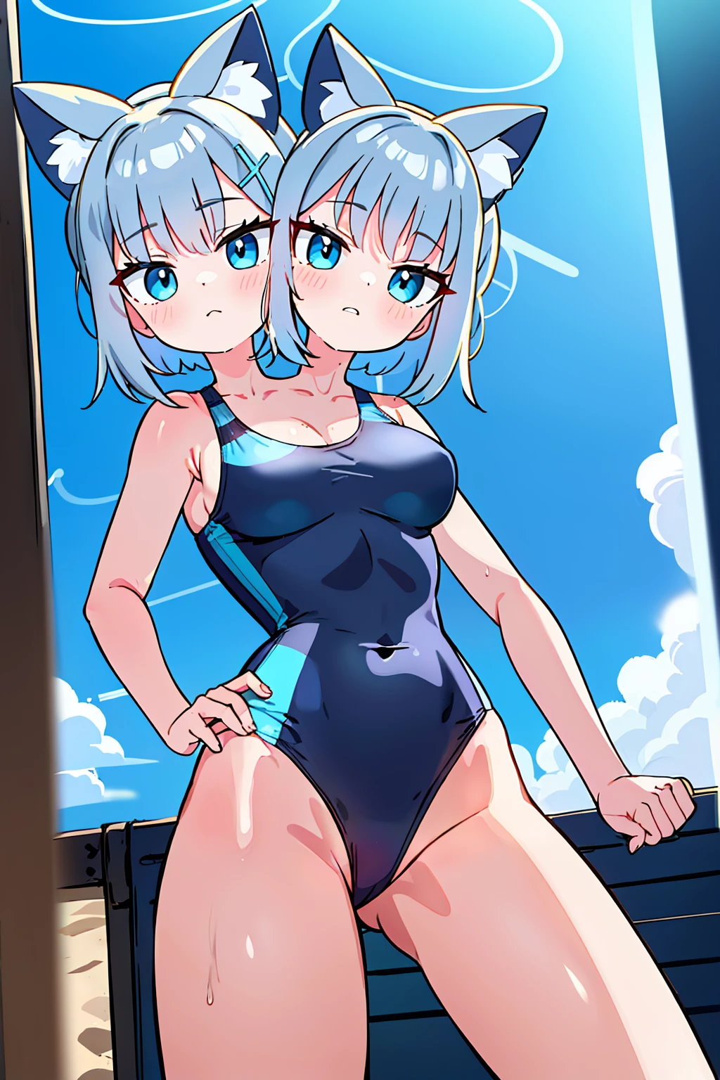 masterpiece,best quality,best resolusion,1 girl,2heads,shiroko character,detailed,conjoined twins,has two wolf ears on top of the head, has a round blue circle of light,short silver hair,blue hair ornament,blue eyes,wearing a tight dark blue women's swimsuit,normal breasts,beach background,beautiful face,beautiful eyes,beautiful body,beautiful hand,beautiful hair, running, jogging, muscular