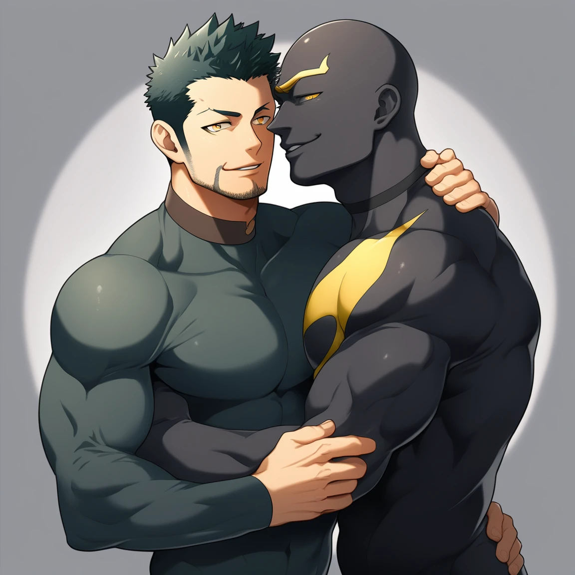 anime characters：Two superheroes in tights, Priapus and Muscle skinhead superhero, negro black skin, They hugged and kissed each other, Bite your neck, Caress, Manliness, male focus, Yellow and black high collar long sleeve tight T-shirt, Slightly transparent material, Very tight, Round, full and perky chest muscles, Muscle waist, Slightly transparent, muscular male, muscular, only, Upper body, alone, Black short hair, Thick eyebrows, stubble, Yellow eyes, Grey background, simple background, amazing quality, best aesthetics, Ridiculous, bright pupils, crew cut, parted lips, seductive smile, torogao, naughty face, drop shadow, best quality