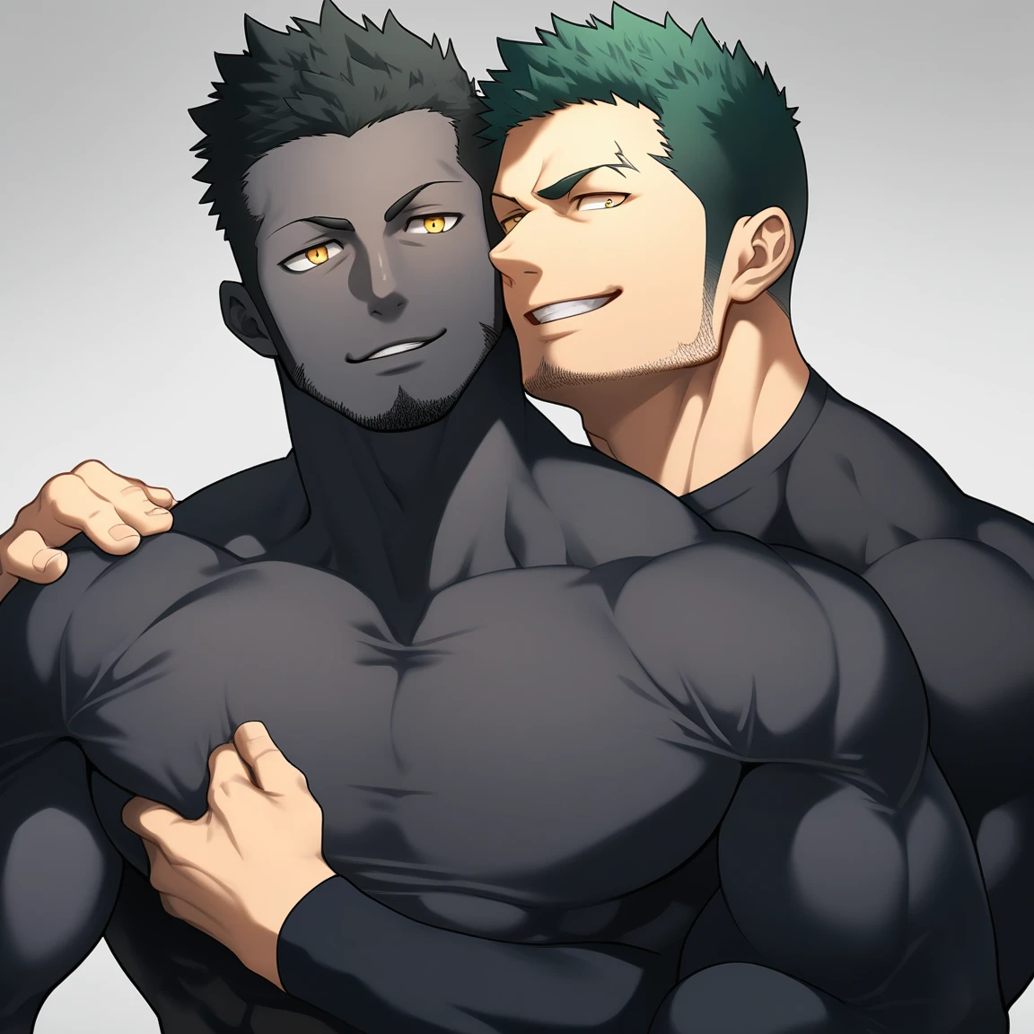 anime characters:Two superheroes in tights, Priapus and Muscle skinhead superhero, negro black skin, They hugged and kissed each other, Bite your neck, Caress, Manliness, male focus, Yellow and black high collar long sleeve tight T-shirt, Slightly transparent material, Very tight, Round, full and perky chest muscles, Muscle waist, Slightly transparent, muscular male, muscular, only, Upper body, alone, Black short hair, Thick eyebrows, stubble, Yellow eyes, Grey background, simple background, amazing quality, best aesthetics, Ridiculous, bright pupils, crew cut, parted lips, seductive smile, torogao, naughty face, drop shadow, best quality