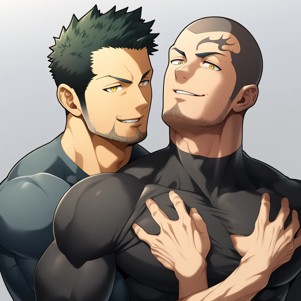 anime characters:Two superheroes in tights, Priapus and Muscle skinhead superhero, negro black skin, They hugged and kissed each other, Bite your neck, Caress, Manliness, male focus, Yellow and black high collar long sleeve tight T-shirt, Slightly transparent material, Very tight, Round, full and perky chest muscles, Muscle waist, Slightly transparent, muscular male, muscular, only, Upper body, alone, Black short hair, Thick eyebrows, stubble, Yellow eyes, Grey background, simple background, amazing quality, best aesthetics, Ridiculous, bright pupils, crew cut, parted lips, seductive smile, torogao, naughty face, drop shadow, best quality