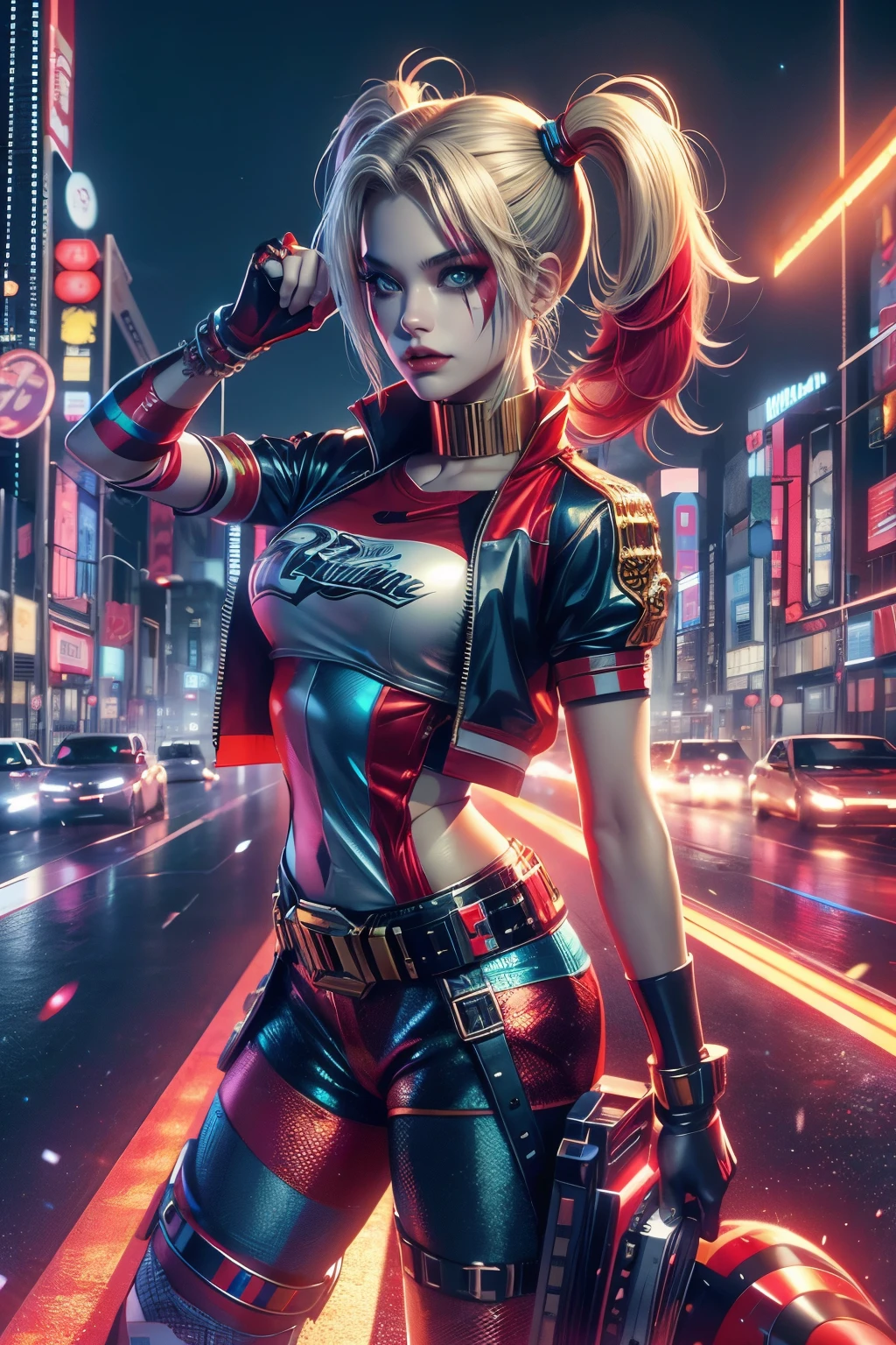 kinematics, foreground(high quality), (Masterpiece), (detailed), 8K in a hyper-realistic digital representation, A lone (japanese girl1.2) It is located in the middle of a futuristic urban landscape, embodying the essence of (harley quinn1.3). Her vibrant outfit clashes with the elegant, metallic environment, evoking a sense of rebellious energy. trend on DeviantArt.