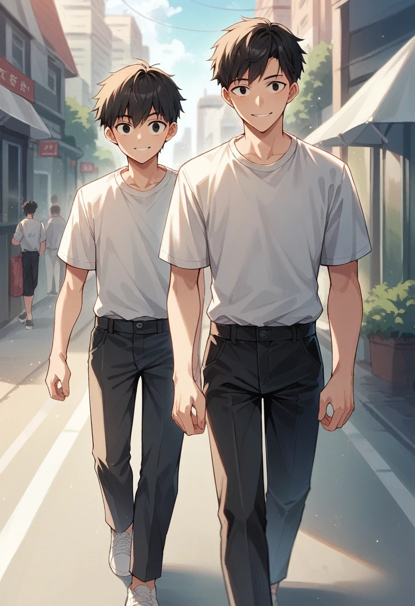 (One short boy,Black Hair,The hairstyle is short,Black Eye,Refreshing smile)Boy walking in the city,White Shirt、Black trousers,Face to the viewer