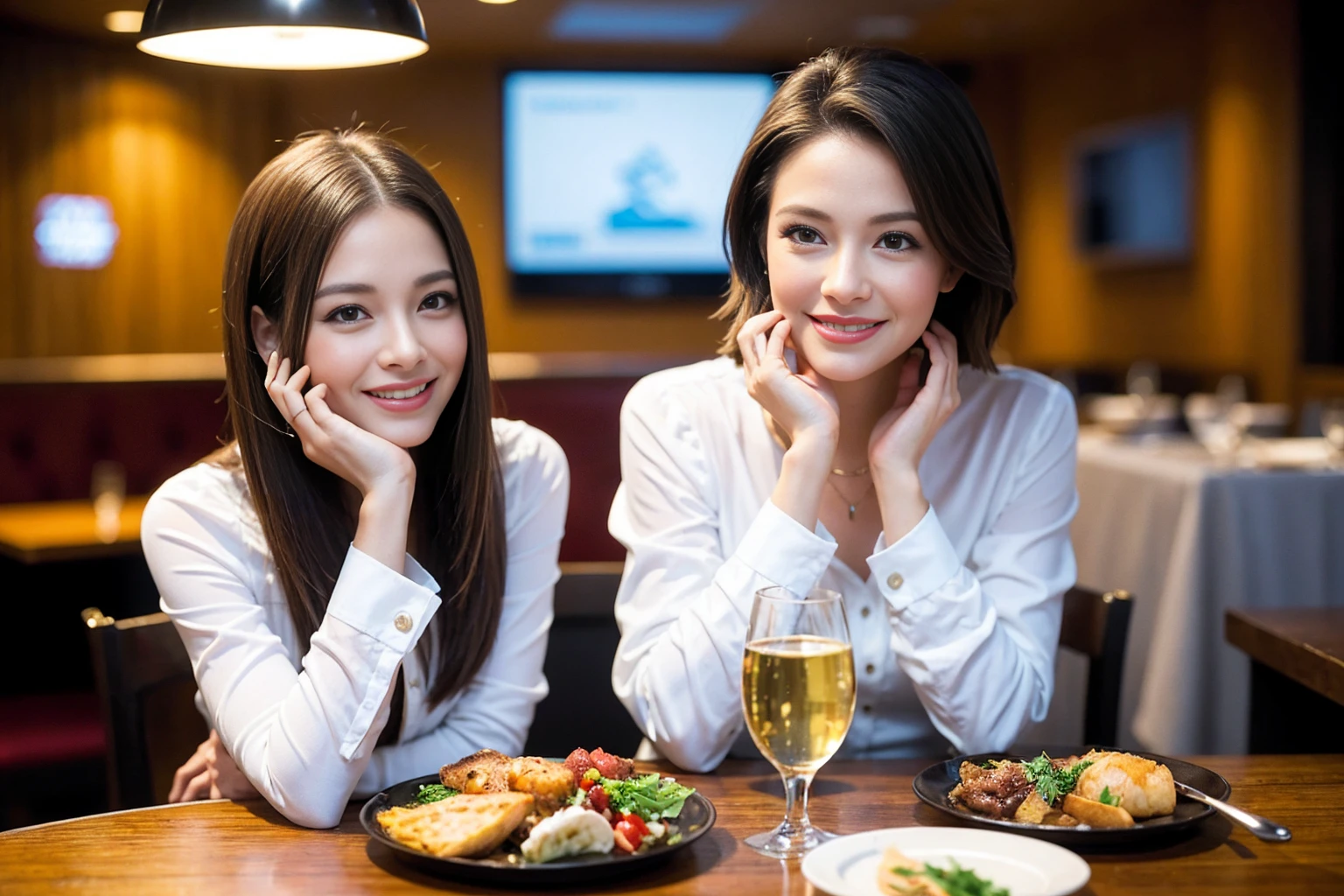 ((Highest quality、8K、masterpiece:1.3))、1 male 1 female、lover、Beautiful couple、Happy smile、full-course dinner、 (Slim face), (the body is スリム), (Brown Hair), (Shortcuts), ((Bob Hale、Straight hair:1.2)), テーブルの上のwine glass、Put the light on your face、 Amazing view of the sunset sky and clouds、The beauty of a smile、Bright image、Blushing, Shortcuts, (Age 35), 39 years old, Appetizers、Italian food、Wine bottle、Champagne、sparkling wine、Long sleeve shirt、dress、Attractive beauty、restaurant, Nova Frog Style, actress, model, Upper Body, White wine, red wine, wine glass, 