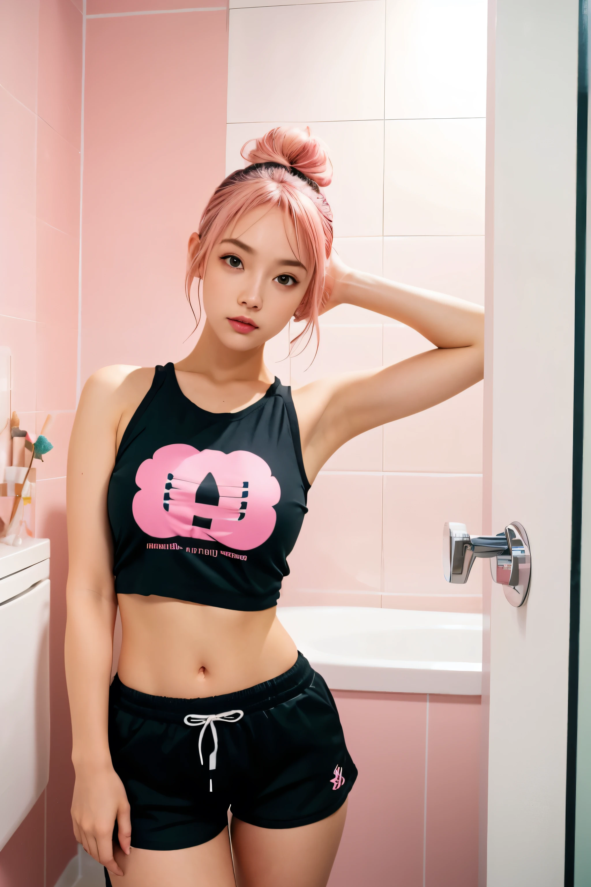 girl, pink hair, black top and shorts, in bathroom