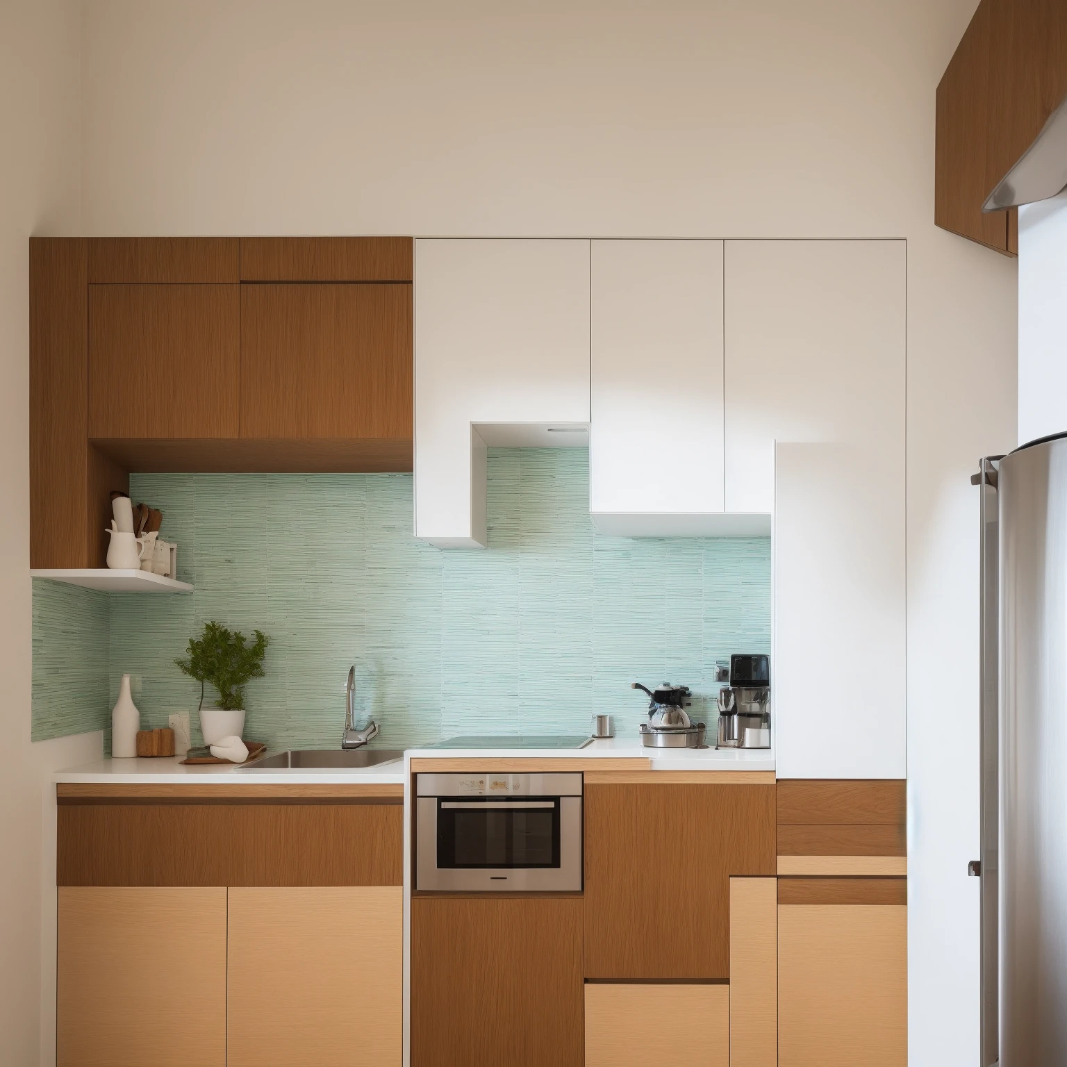 Create a digital image of a small, modern kitchenette in a compact living space. The scene should include a sleek kitchen counter with a built-in black stovetop and a dark countertop. Below the stovetop, there are white cabinets with simple handles. On the right side of the frame, include a small white refrigerator, and above it, place a microwave. To the left of the stovetop, depict a leather sofa corner visible, suggesting the kitchen is part of a larger living area. The floor should be covered with wooden parquet, and above the countertop, install a wall-mounted shelf holding colorful bowls and green plants. The overall atmosphere should feel clean, organized, and modern, with a focus on efficient use of space.