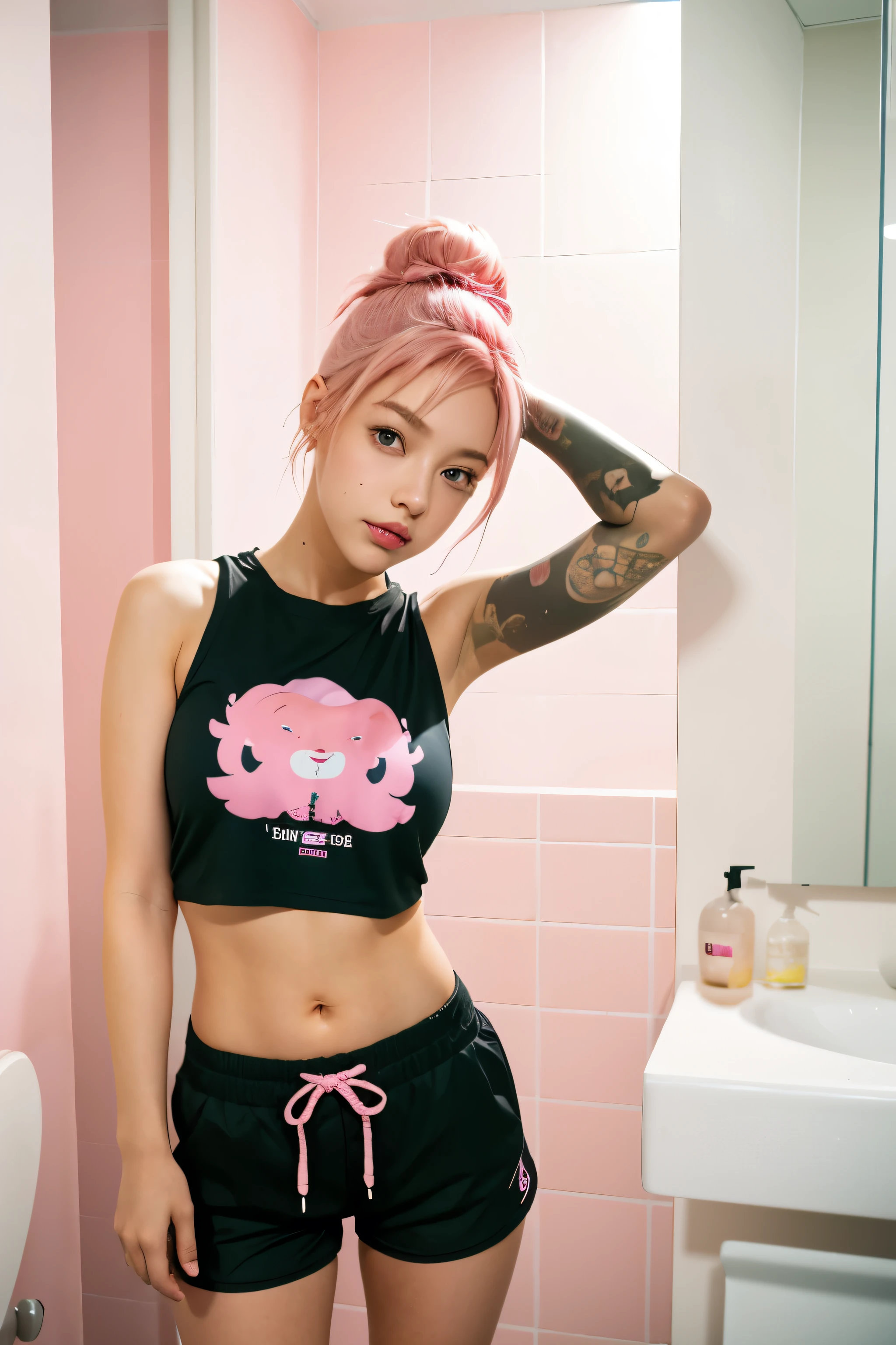 girl, pink hair, black top and shorts, in bathroom
