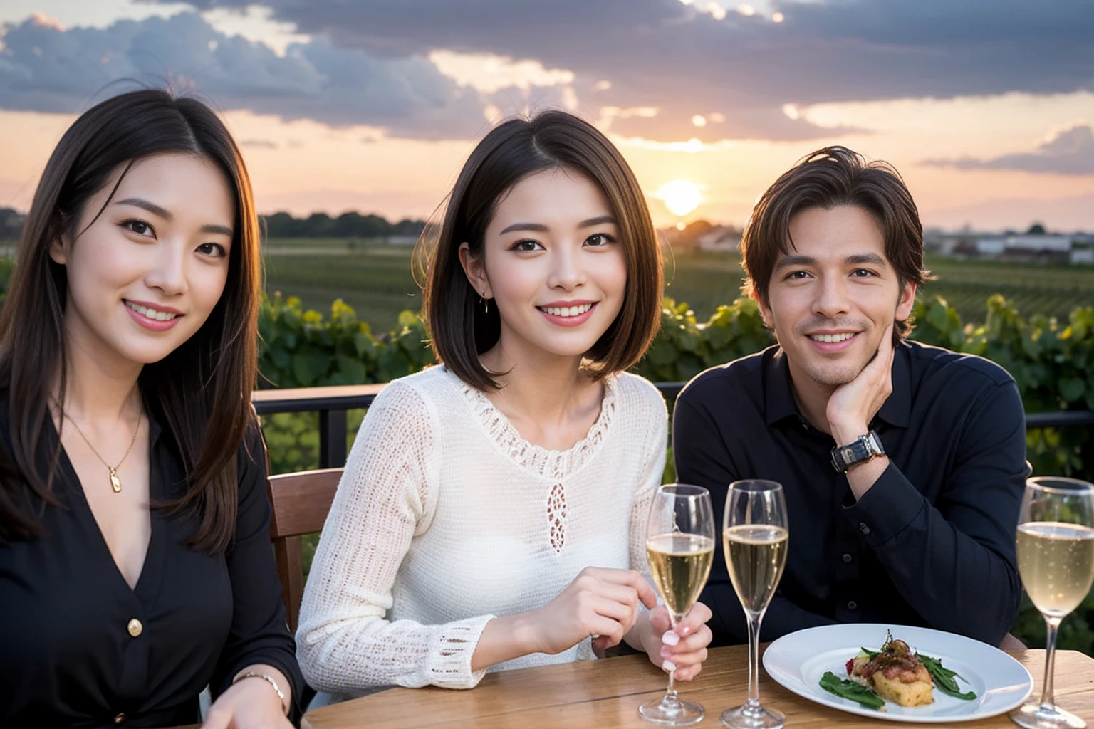((Highest quality、、masterpiece:1.3))、1 handsome man and 1 handsome woman、Slim Lover、Beautiful couple、smile、full-course dinner、 (Slim face), (the body is スリム), (Brown Hair), (Shortcuts), ((Bob Hale、Straight hair:1.2)), テーブルの上のwine glass、Shine light on your face、 Amazing view of the sunset sky and clouds、smileの美しさ、Bright image、Blushing, Shortcuts, (43 years old), 39 years old、Wine bottle、Champagne、sparkling wine、Long sleeve shirt、dress、Attractive beauty、restaurant, Nova Frog Style, actress, model, Upper Body, White wine, red wine, wine glass,