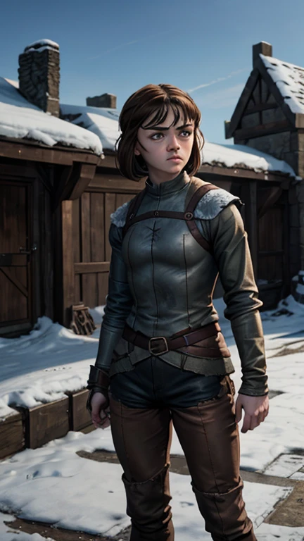 8k, Maisie Williams face, athletic physique, toned abs, small breast, round ass, brown hair, Maisie Williams as Arya Stark, torn ragged clothes, standing stance, winterfell in background