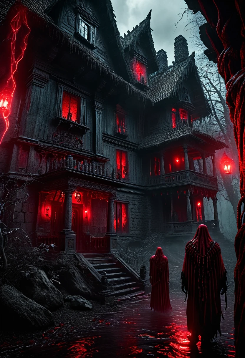 A haunted house, horde of ghostly apparitions, colossal dark entity, tribal chief, dark red, black and crimson colors, dark horror atmosphere, (best quality,4k,8k,highres,masterpiece:1.2),ultra-detailed,(realistic,photorealistic,photo-realistic:1.37),dramatic lighting,dark moody tones,ominous presence,supernatural forces,intricate details,cinematic composition,chiaroscuro effects