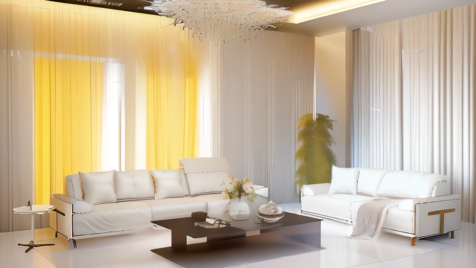 Experience the epitome of luxury and elegance in this interior image. The two white leather sofas are the centerpiece, surrounded by two tables - one with a polished wooden top and the other with a gleaming white marble top. The walls are adorned with elegant curtains, and the room is bathed in a warm yellow light, creating a cozy and inviting atmosphere.