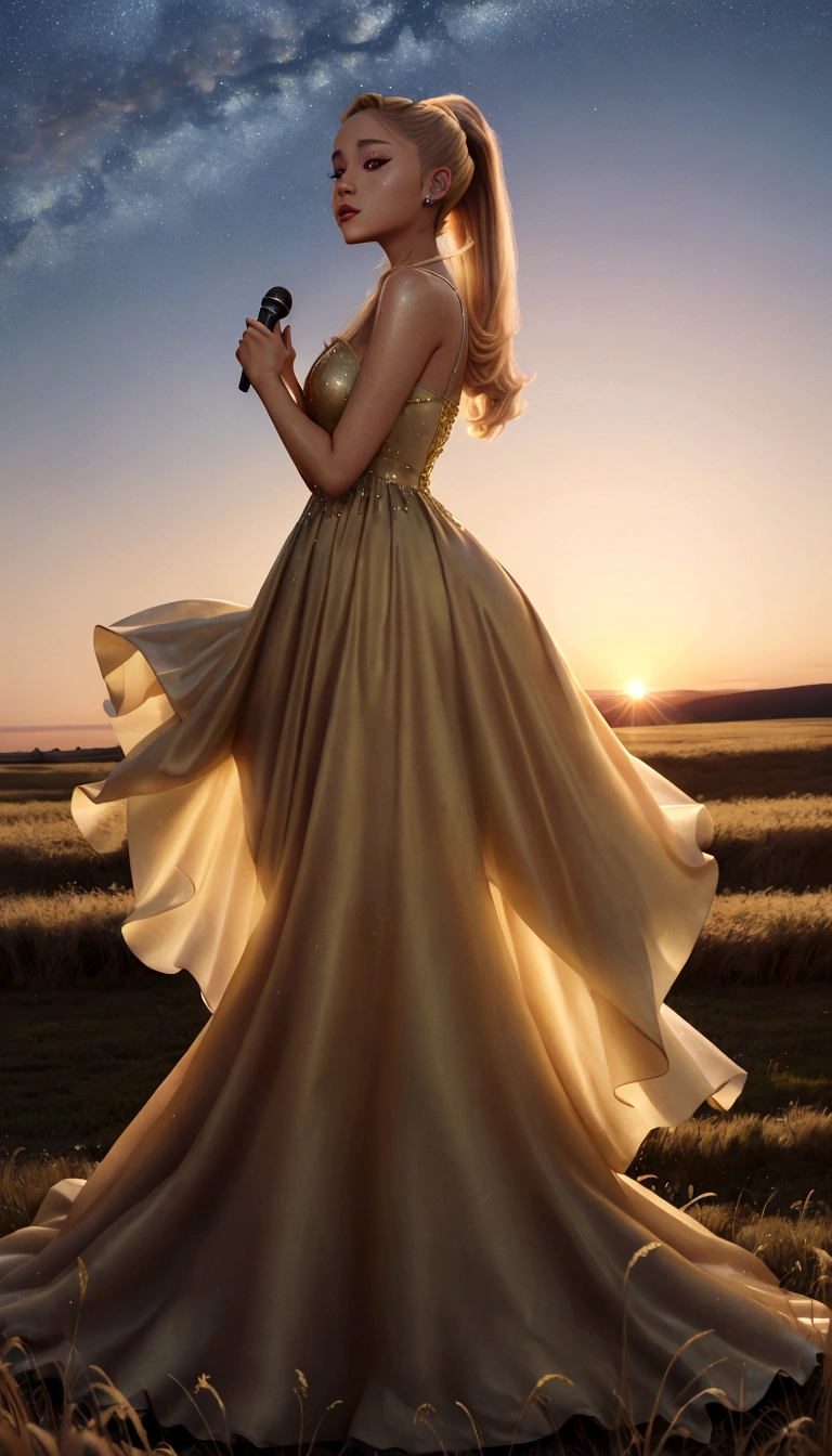 Ariana Grande in a long dress singing into a microphone in a field, blonde ponytail, foreground background, performing, flowing gown, wearing a dress made of stars, bathed in golden light, sunset