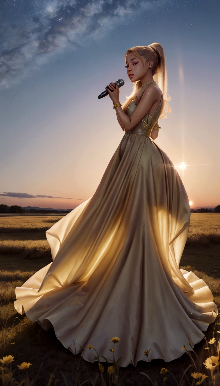 Ariana Grande in a long dress singing into a microphone in a field, blonde ponytail, foreground background, performing, flowing gown, wearing a dress made of stars, bathed in golden light, sunset