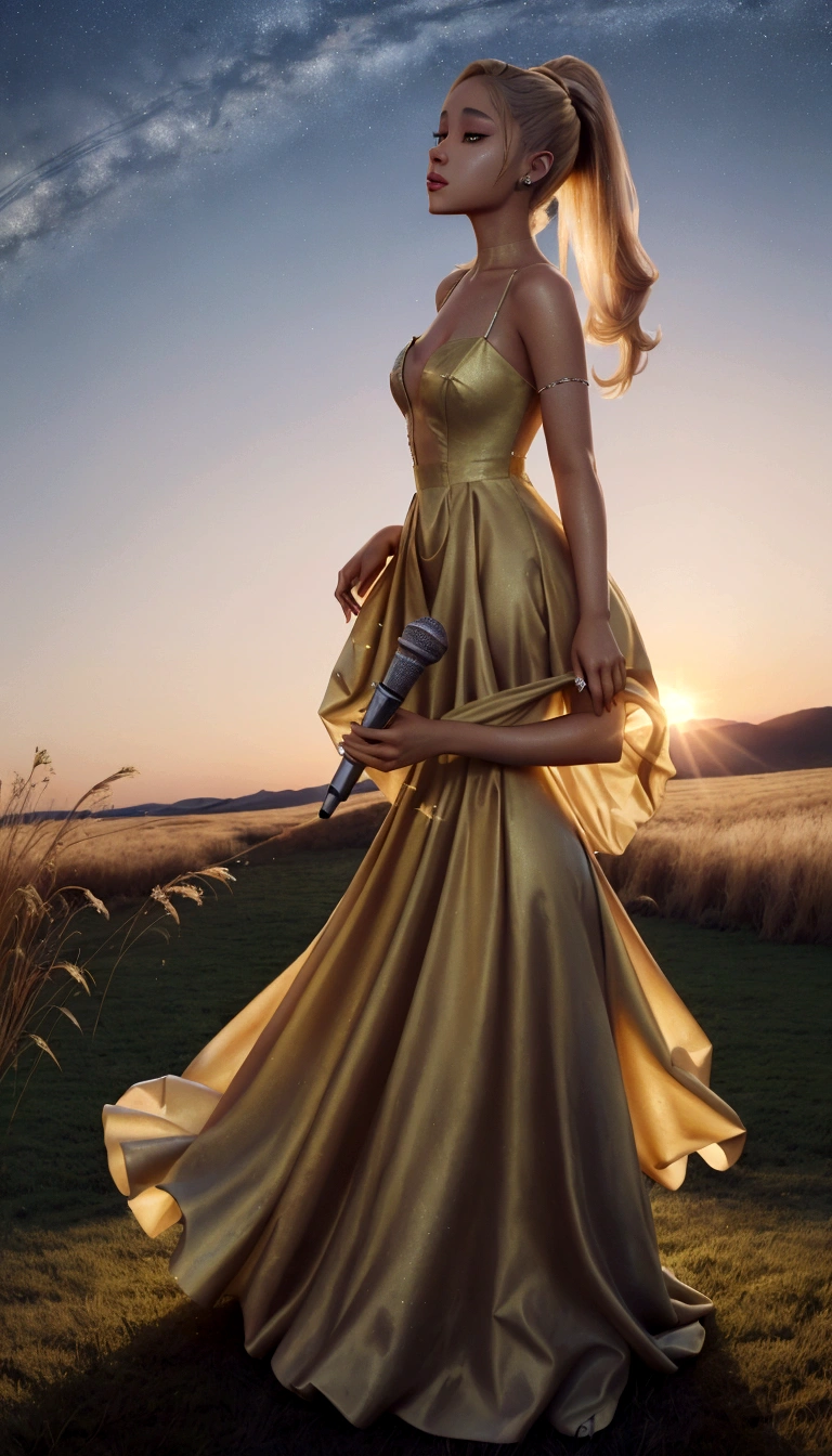 Ariana Grande in a long dress singing into a microphone in a field, blonde ponytail, foreground background, performing, flowing gown, wearing a dress made of stars, bathed in golden light, sunset