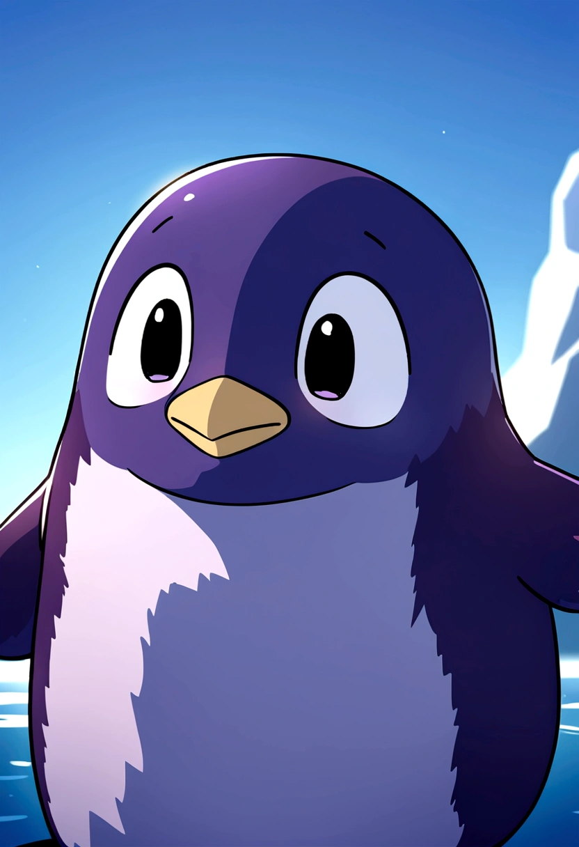 Small and cute animals, Adorable animals, Detailed hairy, Stand on two legs, Purple Penguin, a bit, No humans, Furry, Face close-up, Ice Coast, blue sky, Soft lighting, Shallow depth of field, Digital Illustration, 8K, Deformed, Little, anime, animeスタイル,