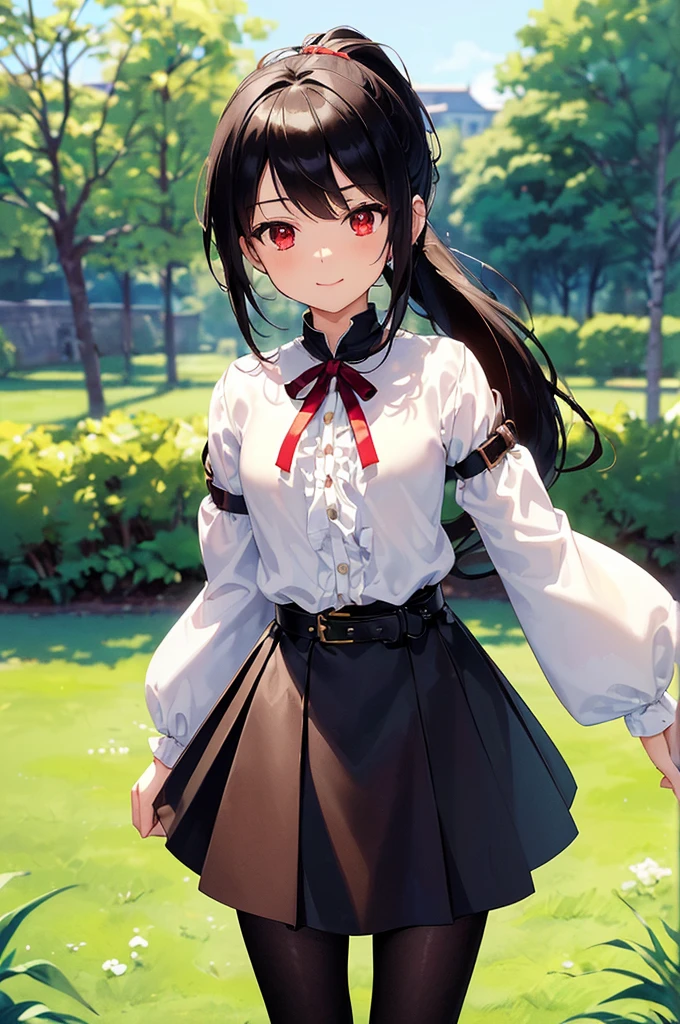 (masterpiece; best quality: 1.2), (finely detailed eyes: 1.3), ((10 year old female ???)), ((solo)), (red eyes: 1.4), (body; short, slender: 1.3), (black hair in ponytail: 1.3), (beautiful and clear background: 1.2), ((depth of field)), (clothes: wanderer mage attire + white-and-gold wide-sleeve high-neck shirt + very long black skirt + dark pantyhose + belts + traveler pouches and satchel: 1.3), (anime illustration: 1.2), (background; garden exterior: 1.1), (extremely fine and beautiful: 1.1), (shot composition; standing + centered on torso + close-up: 1.5), (expression; calm, smile: 1.2)