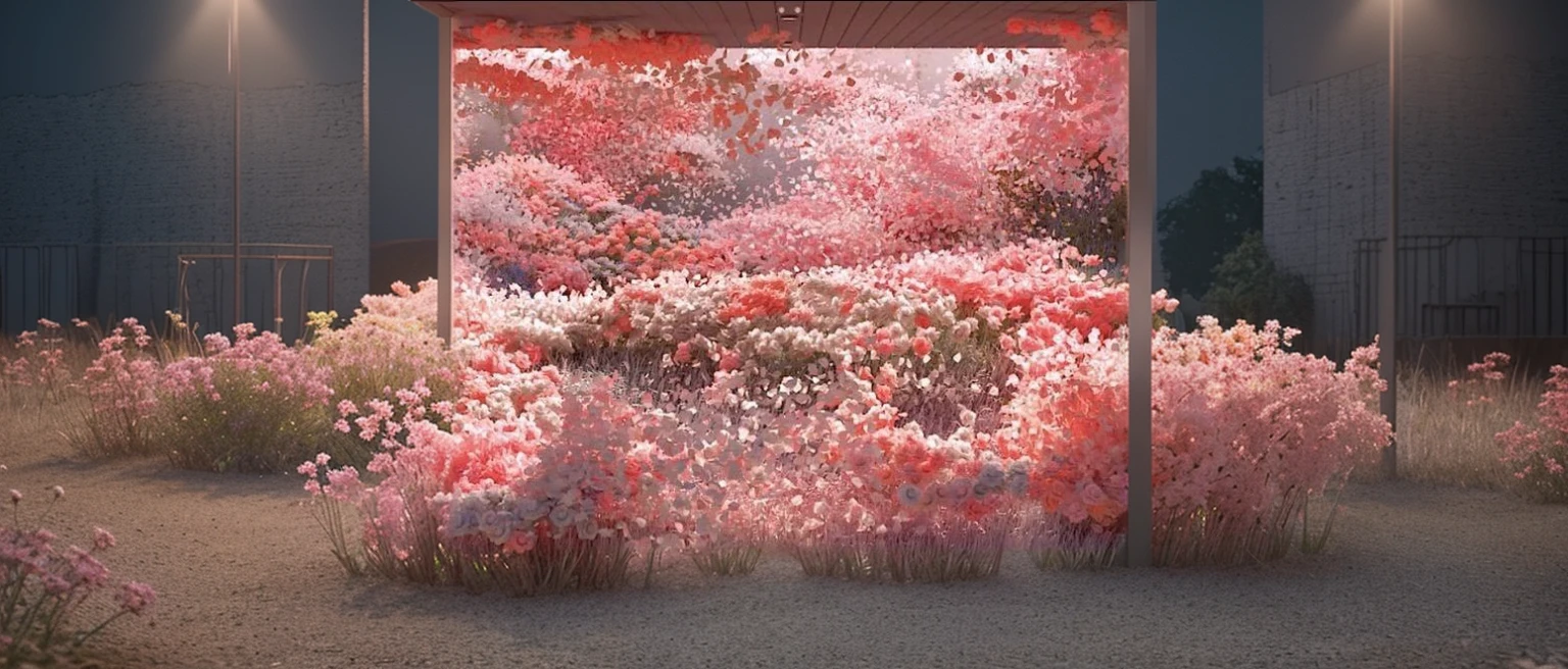 Infinite 3d modelled pink flowers, 3d metal landscape, cinematic lighting, hd, no blur, scenic background 