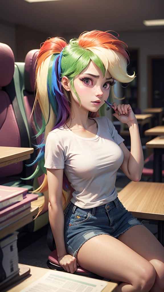 in library, (Sunset Shimmer from equestria girls), (2girls), (Rainbow Dash from equestria girls), movie accurate equestria girls, sitting at desk, hand covering mouth, blushing, orgasm, medium breasts, athletic, zPDXLxxx, beautiful, female, long hair, vector, cute, sitting in crowded movie theater, ((Sunset Shimmer fingering Rainbow Dash))