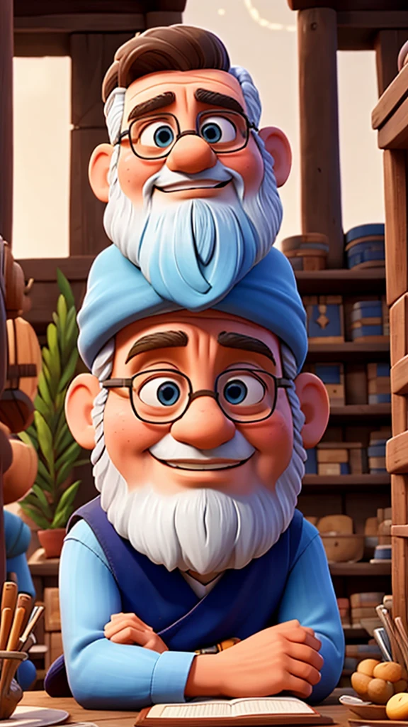 Plato sitting next to a merchant talking in the middle of a market with a book in his hands