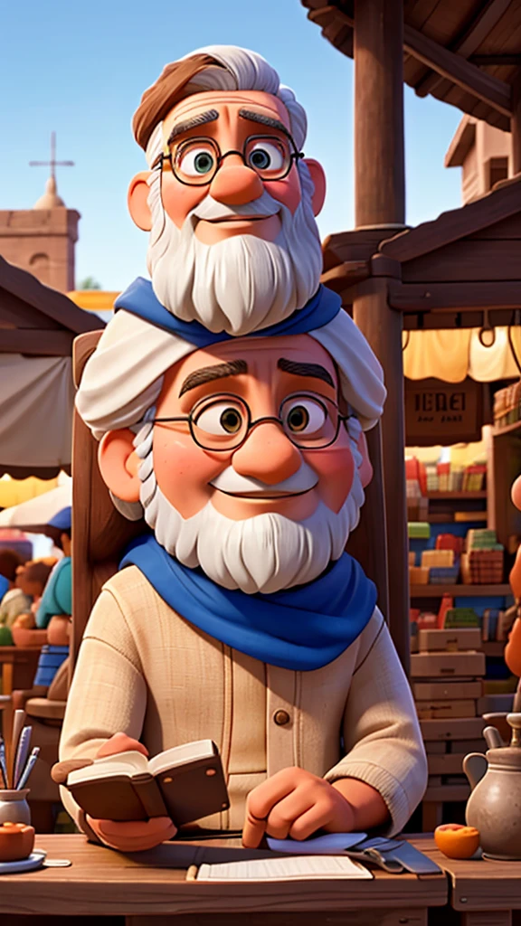 Plato sitting next to a merchant talking in the middle of a market with a book in his hands