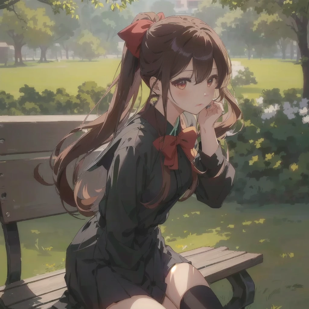 Anime Girl坐在公园的长椅上，There is a green lawn in the park, Cute girl anime visual, 年轻的Anime Girl, Smooth anime CG art, Beautiful anime portrait, 穿着黑色连衣裙的Anime Girl, 迷人的Anime Girl, Artwork in the style of Guweiz, 美丽的Anime Girl, Anime Girl, 可爱的Anime Girl, Beautiful anime high school