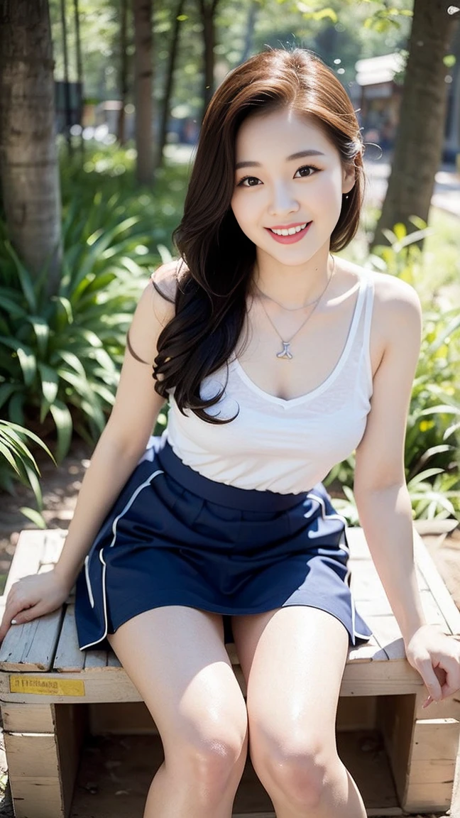 Pure Japanese girl, sexual attractive, sweet temptation, outstanding body, beautiful legs, wearing loose tank tops and skirts, (panty), sweet smile, sitting and relaxing, refreshing in early summer, park, professional portrait photography, composition from the front, 