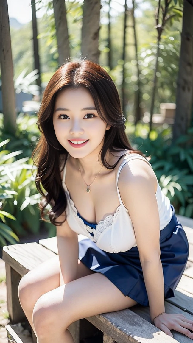 Close-up of beautiful Korean woman, 36 inch chest size, Smile, (Detailed white camisole short vest 1.1), (Navy Box Skirt:1.4), Short sleeve, , necklace,Full body posture, White shoes,Solitary, Perfect body, Become a,(a charming smile:1), (sexy pose),(A girl in the forest),