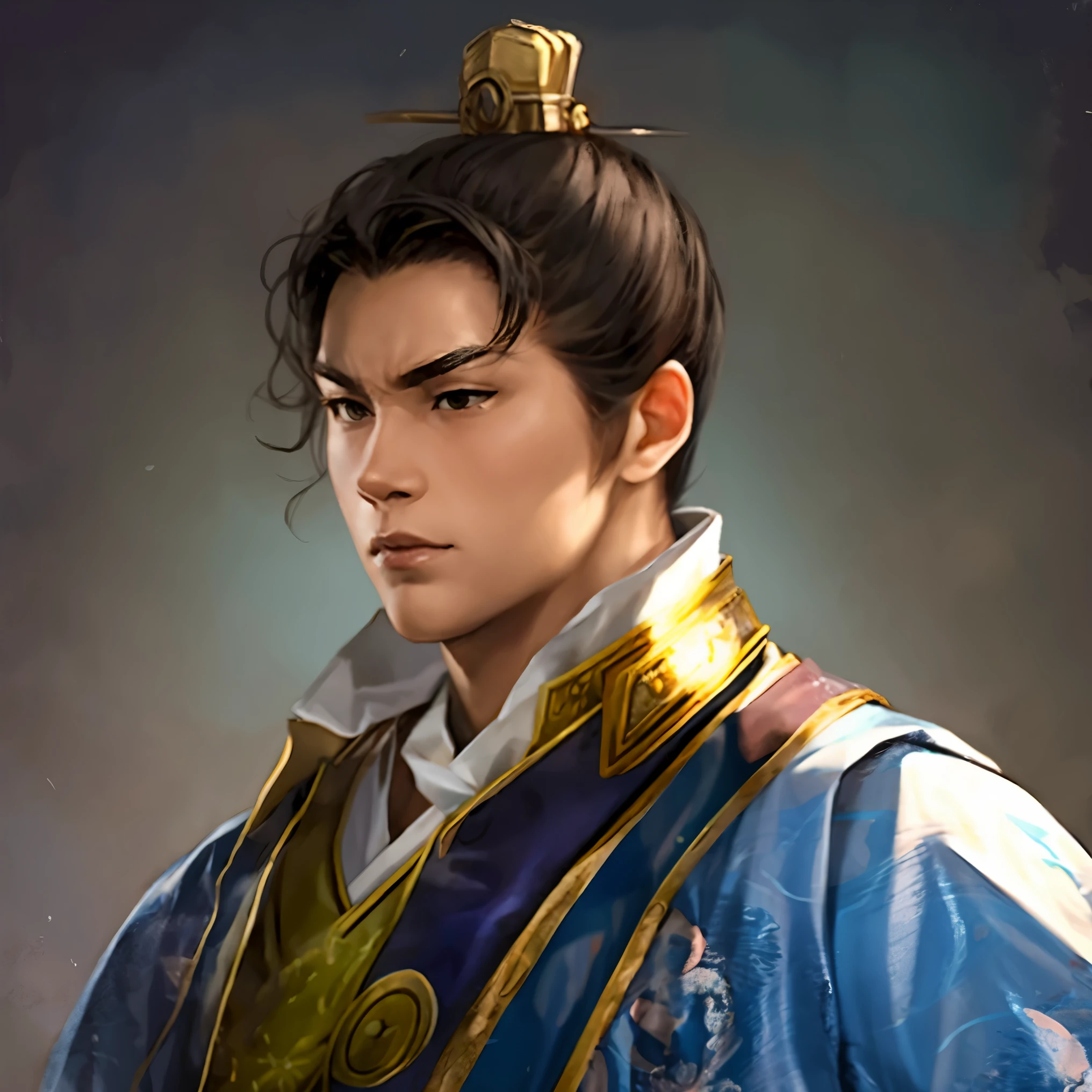 1man:1.5, masterpiece, best quality, best detail, best anatomy, best face, upper body, face, sangokushi_civil_officer, surprised, young man,