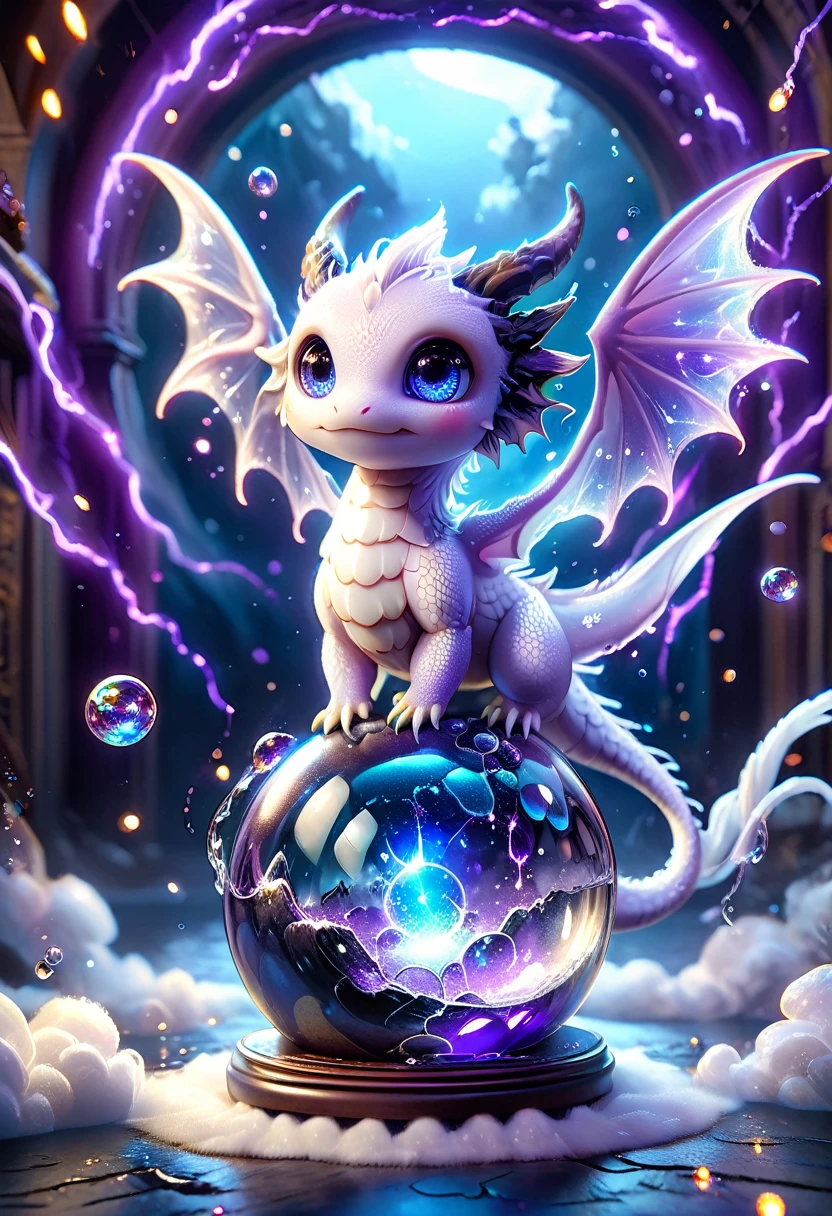 absurdres, highres, ultra detailed, HDR, master piece, best quality, crystal ball, small white dragon, expressive blue eyes, blue horns, wings, fantasy magical background, sparkling, shining, purple lightning, floating round lights, starry, void, broken glass style