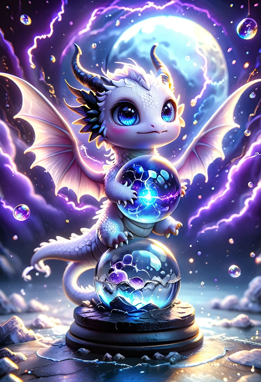 absurdres, highres, ultra detailed, HDR, master piece, best quality, crystal ball, small white dragon, expressive blue eyes, blue horns, wings, fantasy magical background, sparkling, shining, purple lightning, floating round lights, starry, void, broken glass style