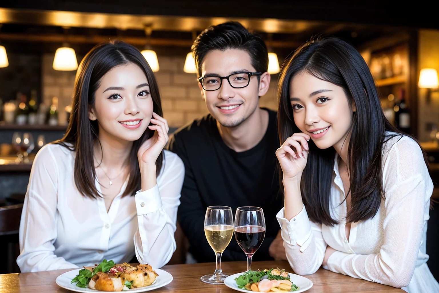 ((Highest quality、,masterpiece:1.3))、1 male 1 female、Slim lover、Rei Dan、Beautiful couple、smile、full-course dinner、 (Slim face), (the body is スリム), (Brown Hair), (Shortcuts), ((Bob Hale、Straight hair:1.2)), テーブルの上のwine glass、Shine light on your face、 Amazing view of the sunset sky and clouds、smileの美しさ、Bright image、Blushing, Shortcuts, (43 years old), 39 years old, Appetizers、Italian food、Wine bottle、Champagne、sparkling wine、Long sleeve shirt、dress、Attractive beauty、restaurant, Nova Frog Style, actress, model, Upper Body, White wine, red wine, wine glass,